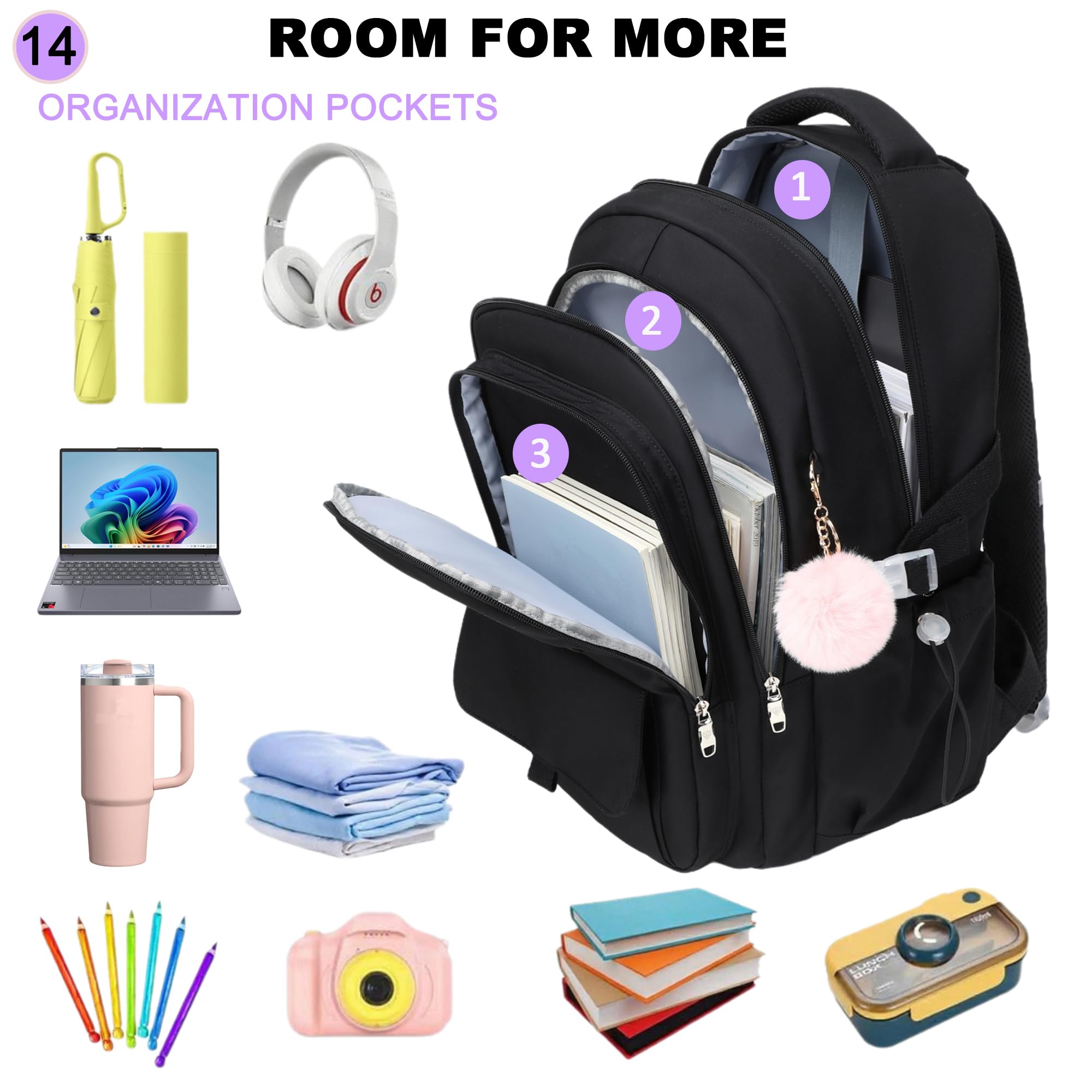 Schultasche für Teenager, Mädchen, Rucksack, 3-teilig, Rucksack für Mädchen, 39,6 cm (15,6 Zoll) Laptop mit Lunchbox, Federmäppchen-Set