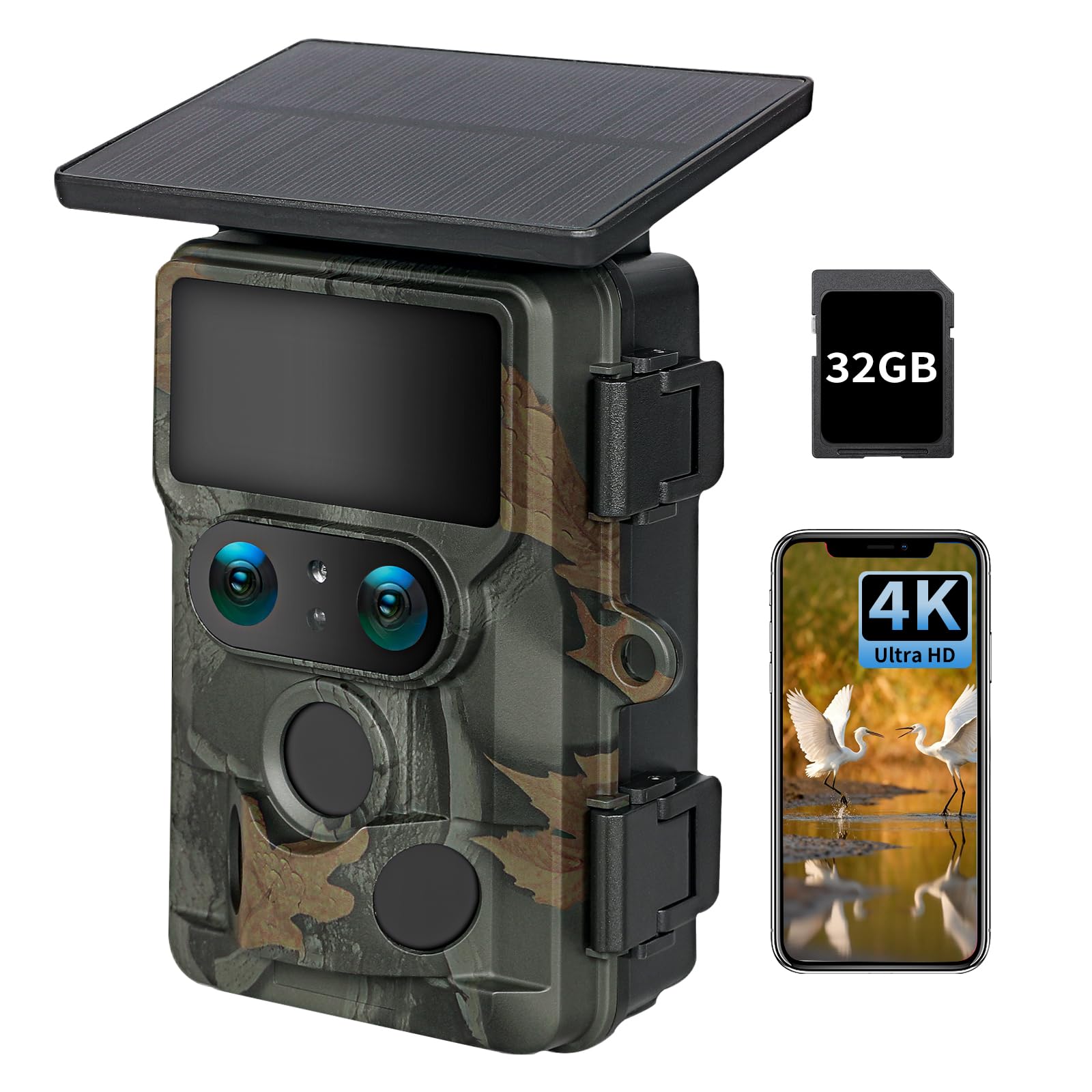 Centra Black/White/Light Wifi Wildlife Camera Star Color Night Vision, 4K 60Mp Dual Lens Solar Trail Camera, Ip66 Waterproof, 0.2S Trigger Garden Camera, 32Gb Micro Sd Card,Built-In 4400Mah Rechargeable Battery