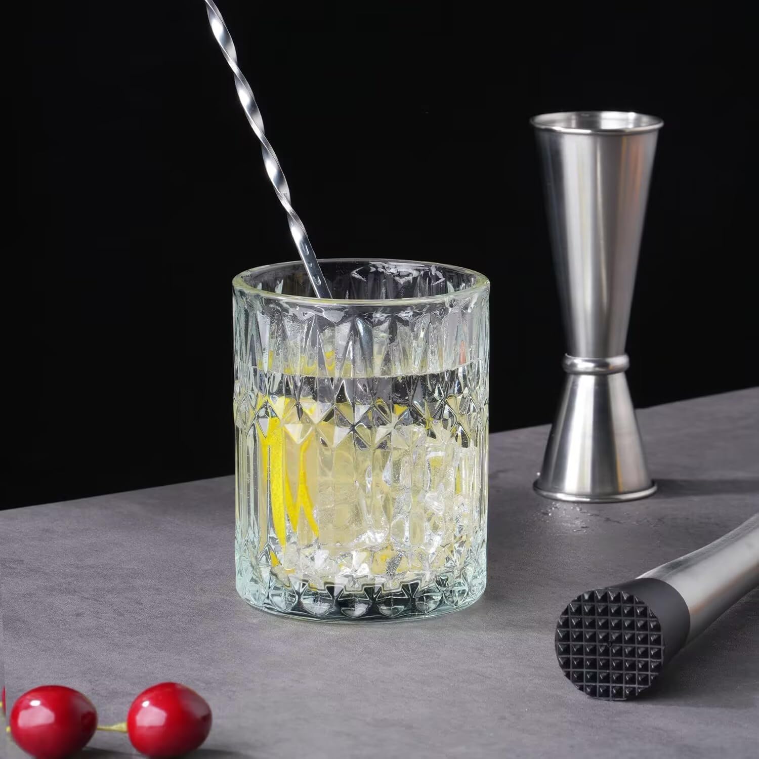 Juego de 3 herramientas de mezcla y muddler negro, 10 pulgadas, cuchara de cóctel de 12 pulgadas y doble jigger de 1 onza/2 onzas, juego de herramientas de barra para bebidas, accesorios de 5