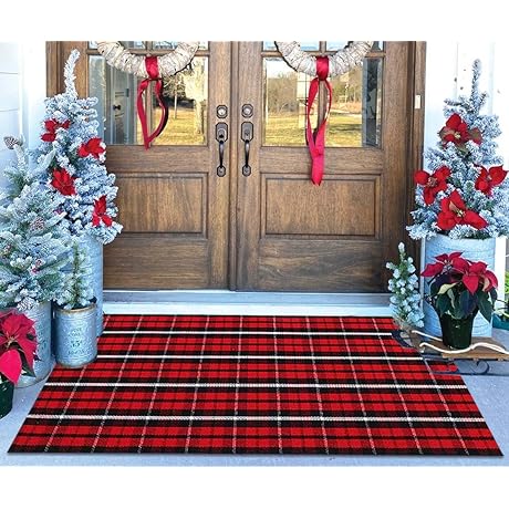 Christmas Outdoor Rug 24 x 51'' Black Red Buffalo Plaid Front Porch Rug