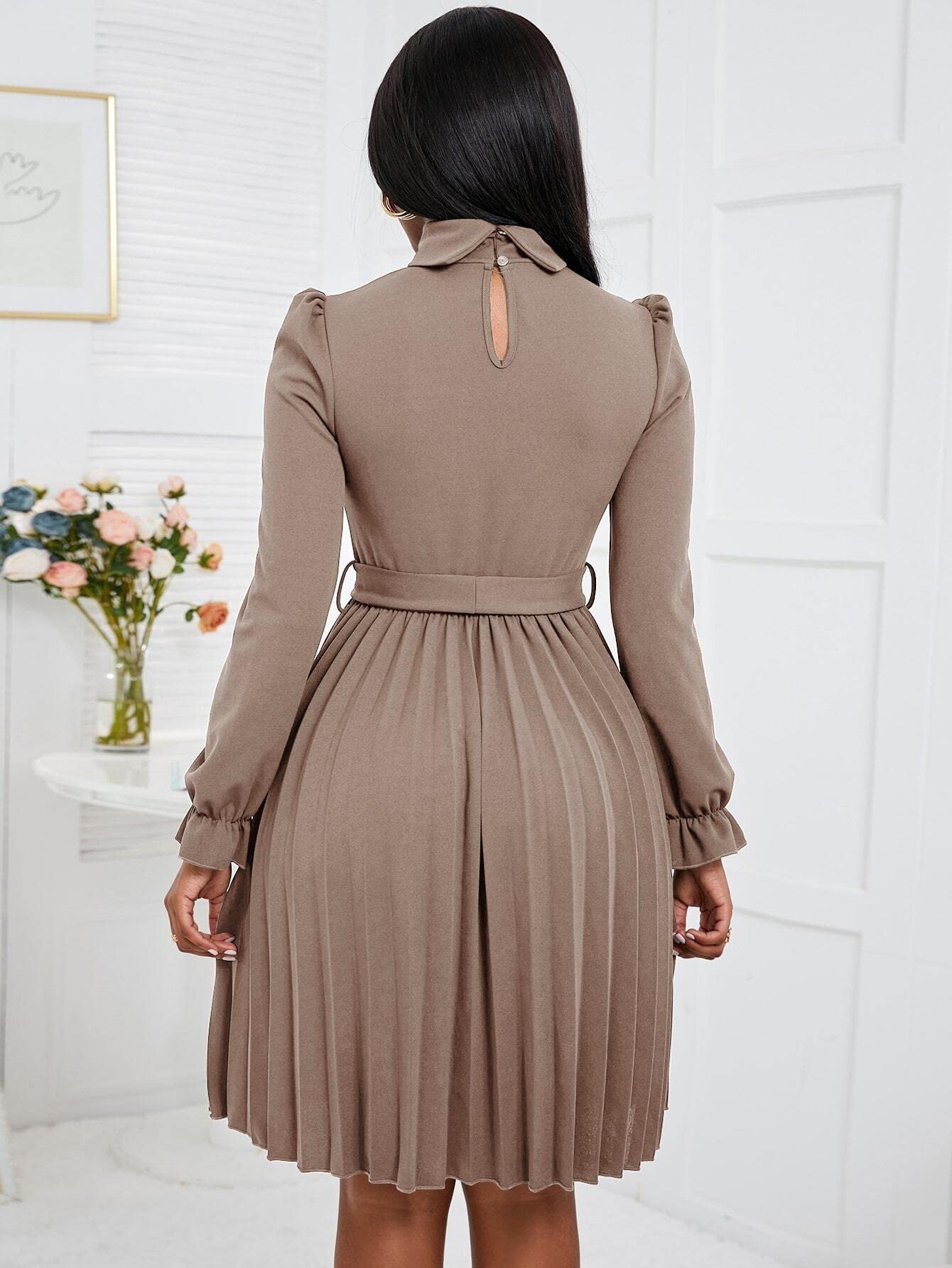 Amazon.com: Women's Dresses Turtleneck Flounce Sleeve Pleated Hem Belted  Dress Dress for Women (Color : Apricot, Size : X-Small) : Clothing, Shoes &  Jewelry