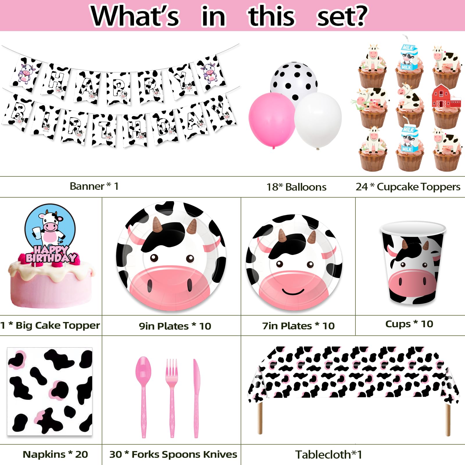 Cow theme Birthday Party Decorations Cow Print Birthday Party Supplies Include Plates Napkins Cups Forks Knives Spoons, Happy Birthday Banner, Cake Topper, Balloons, Tablecloths