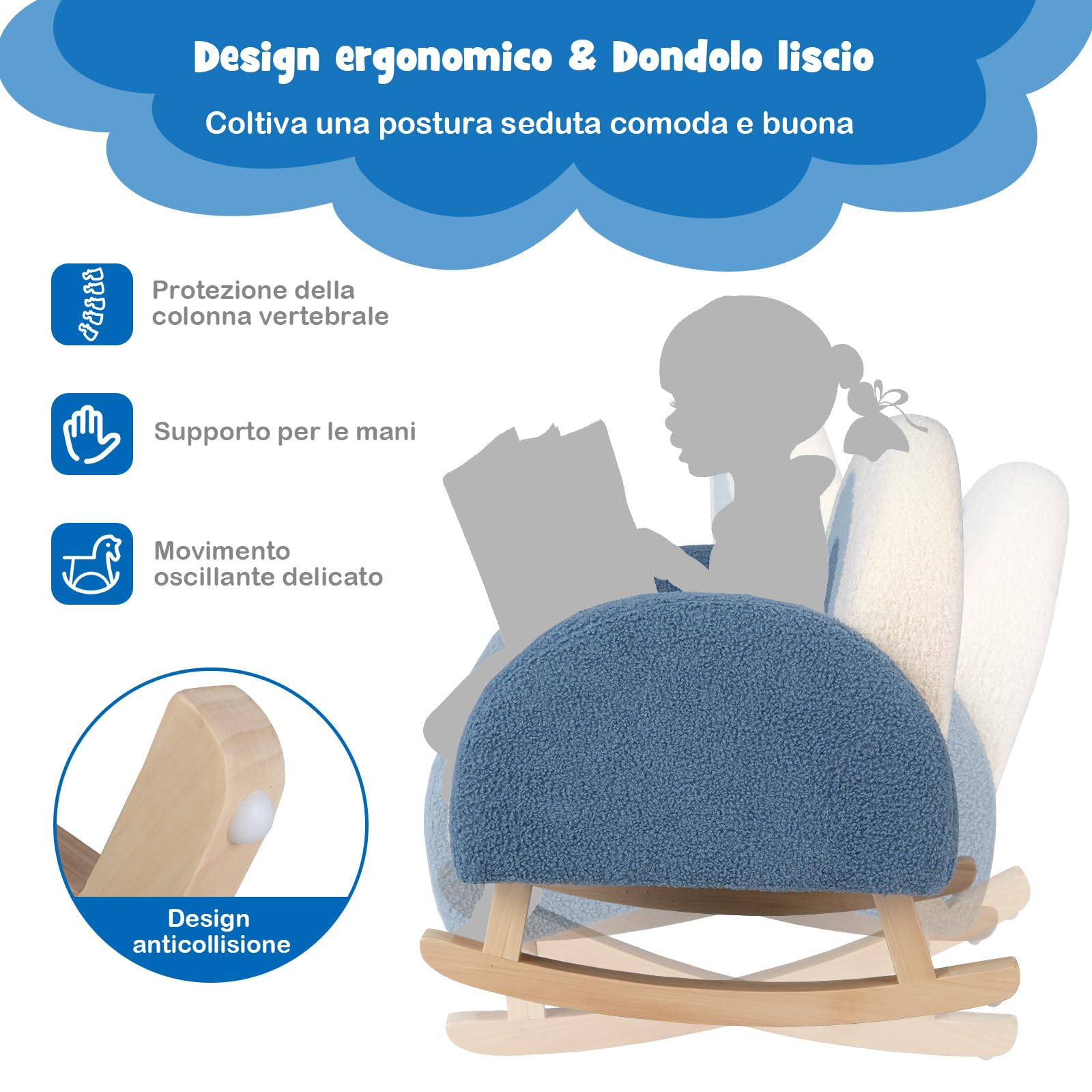 COSTWAY Sedia a Dondolo per Bambini con Gambe in Legno Massello, Poltrona per Bambini di 3-5 Anni, Divanetto Singolo Imbottito per Cameretta, 50,5 x 49 x 50,5 cm, Portata 50 kg (Blu)