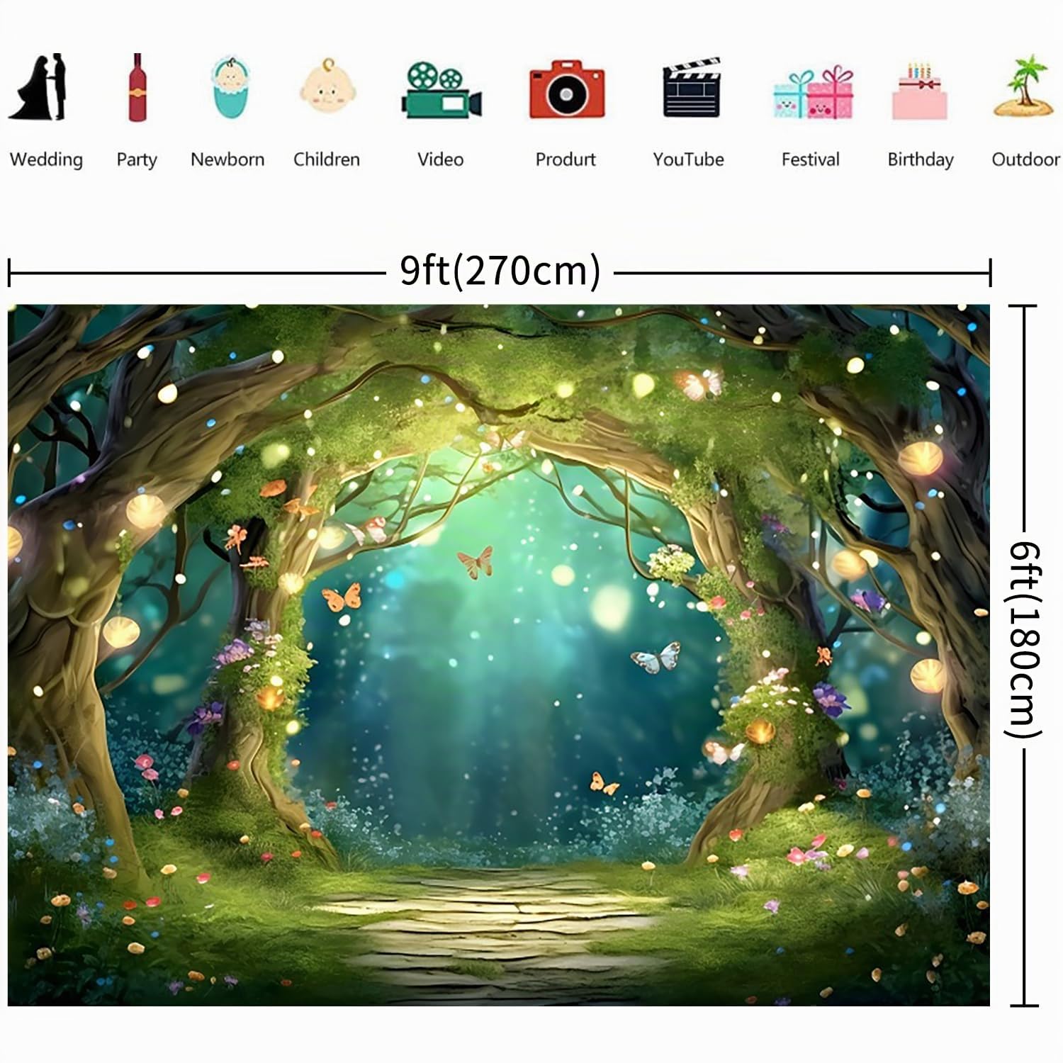 2.7x1.8m Toile de Fond Foret enchantée Fantaisie Pays des Merveilles Forêt Papillon Fleurs Arbre Photographie Fond Princesse Fête d'anniversaire Nouveau-né Bébé Shower Décorations