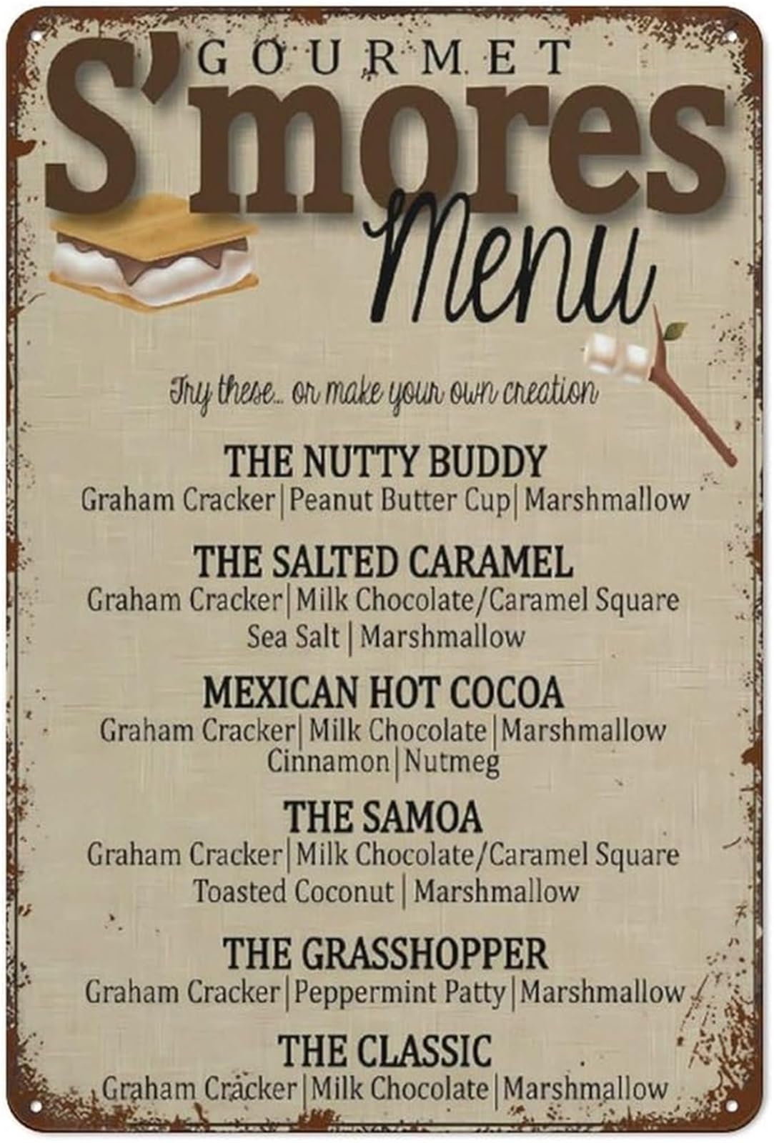 MQXFCZUX Vintage Funny S'mores Bar Menu Camping Metal Tin Sign for Man Cave Bar Pub Club Laundry Room 8 X 12 in