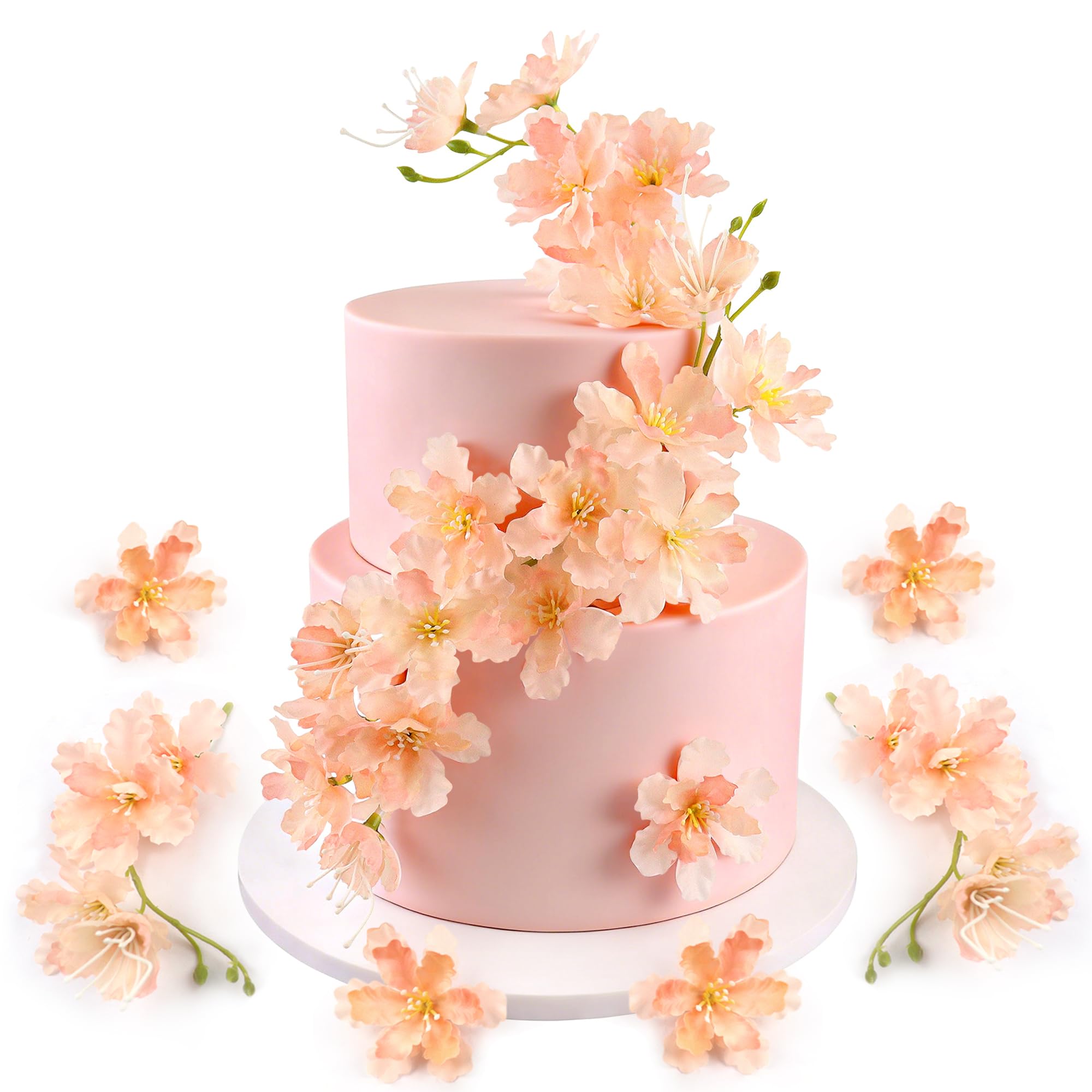 14PCS Artificial Cherry Blossom Cake Toppers Champagne Cherry Flowers Cake Ornament for Floral Birthday Cake Decors Wedding Bridal Shower Mother's Day Party Artificial Flower Decoration Supplies
