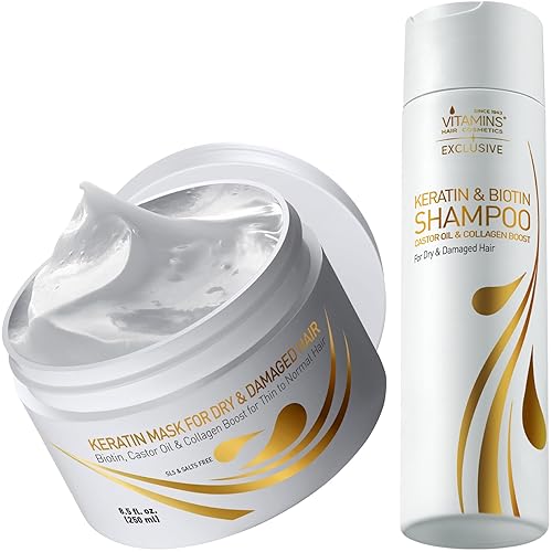 Vitamins Kit de tratamiento capilar con queratina, mascarilla de acondicionador profundo y champú proteico para cabello fino, seco, dañado y teñido