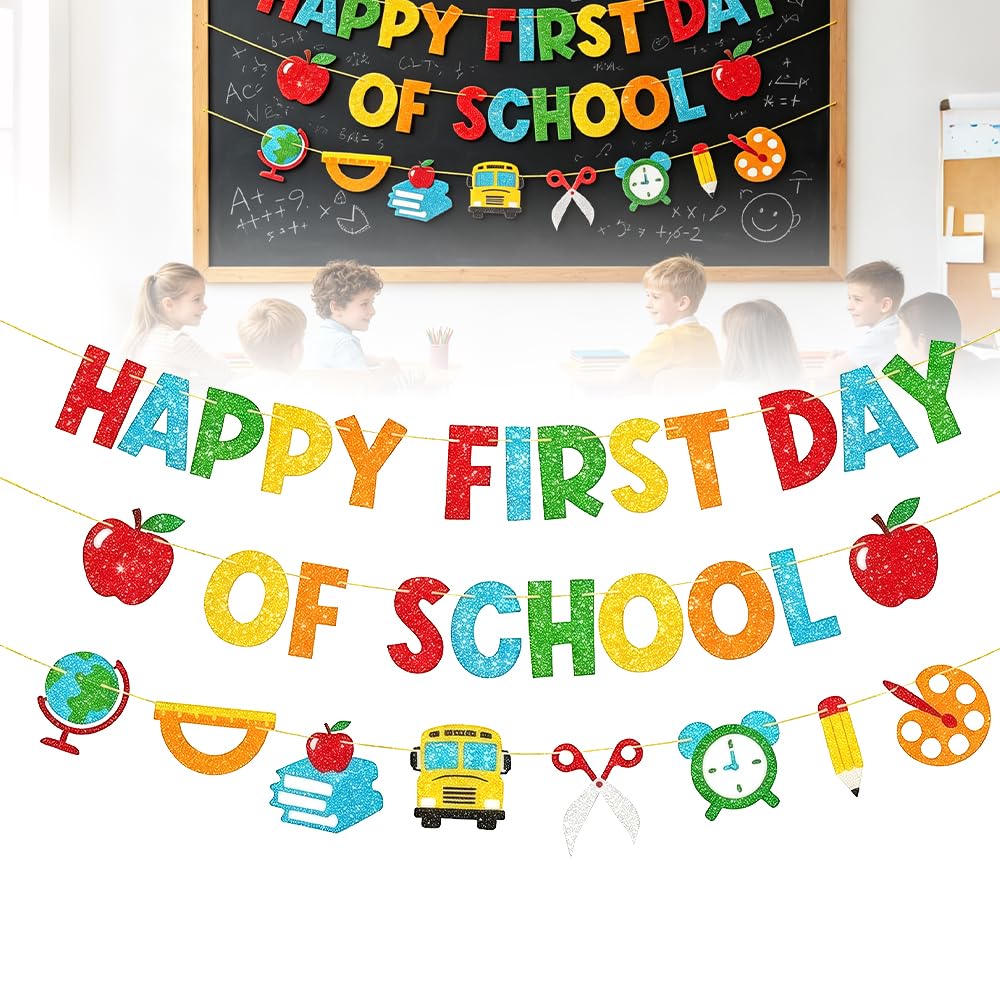 3 Pcs Back to School Banner, Happy First Day of School Banner, Welcome Banner with Cute Stationery Patterns for Children Kids Classroom Celebrating 1st Day