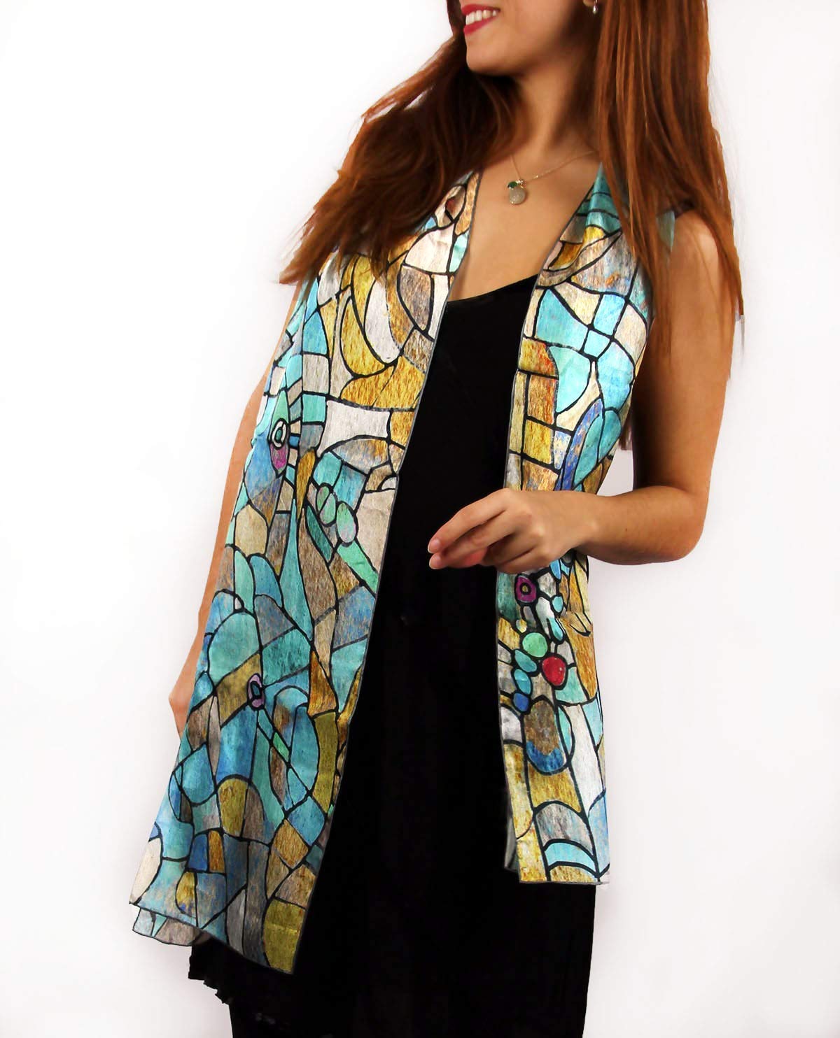 Magnifique foulard en soie à motif artistique bleu et turquoise