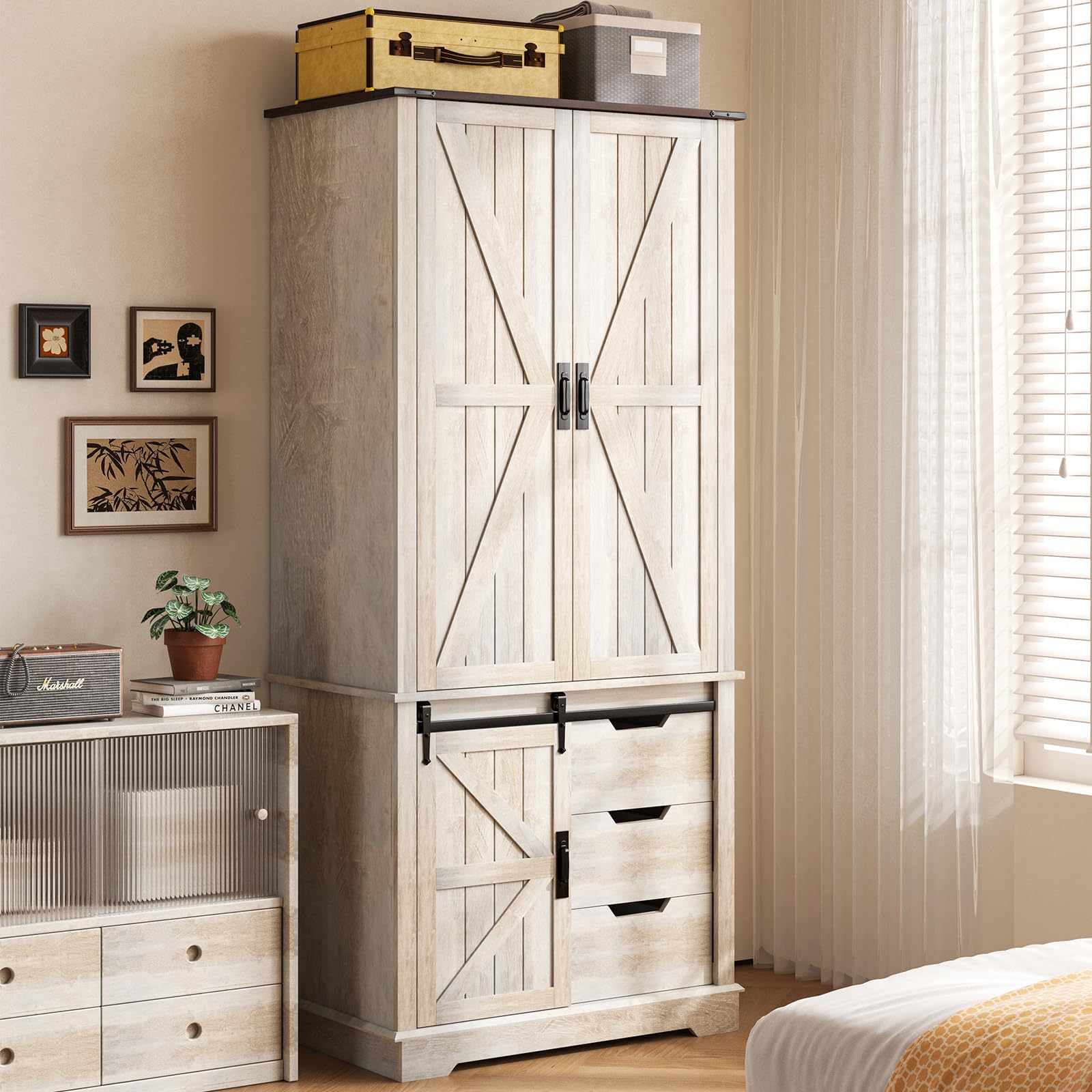GlouMod 71" Tall Farmhouse Armoire Wardrobe Closet with 3 Drawers and Sliding Barn Door, 3 Doors Wooden Wardrobe Cabinet Clothing Storage Cabinet