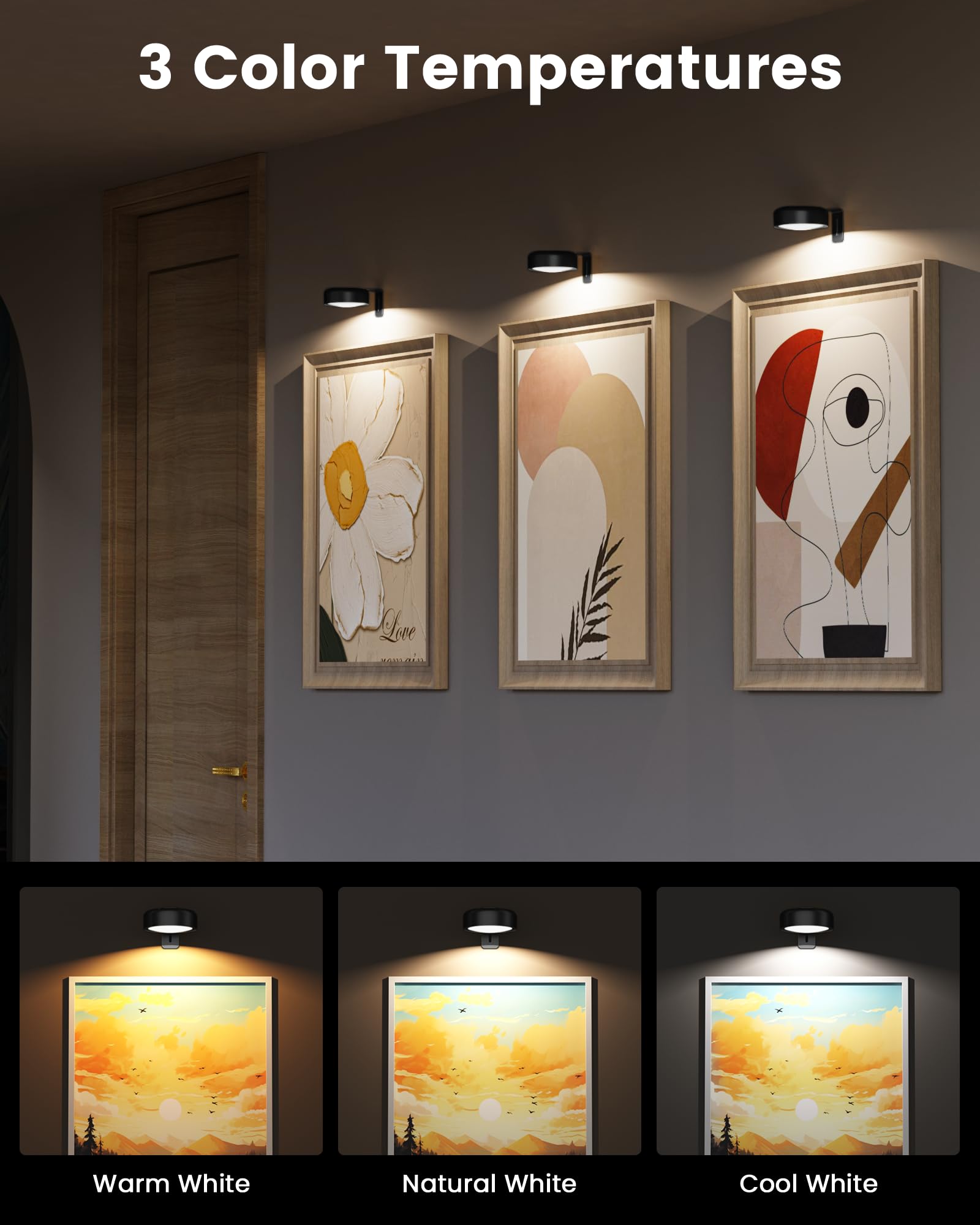 Paquete de 3 luces de imagen para pared, luces LED magnéticas recargables inalámbricas de 2000 mAh con control remoto, 3 temperaturas de color y 12 RGB, atenuación y temporizador, luz de marco