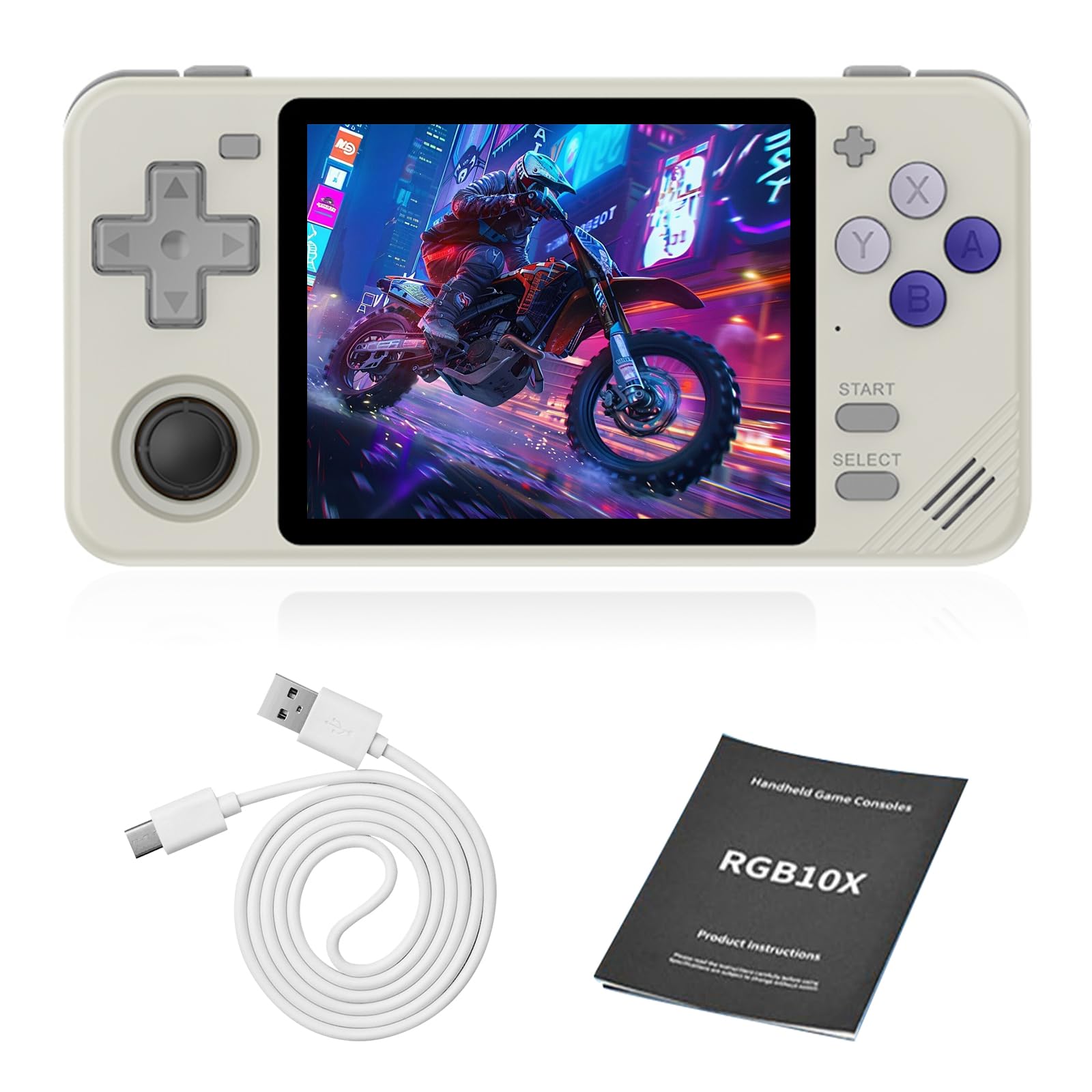 RGB10X Handheld Game Console 3.5'' IPS Screen System Portable Retro Hand-Held Games Consoles Built-in 10000+ Hand Held Classic Games 64G TF Card(Grey)