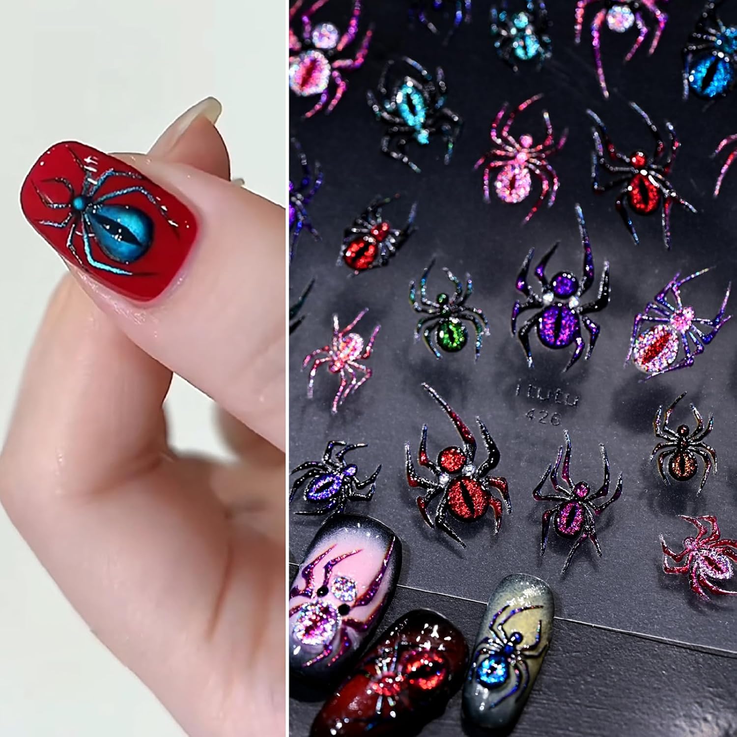 2 Sheets Halloween Nail Stickers for Nail Art Holographic Spider Nail Art Stickers Dark Black Butterfly Charm Purple Black 5D Embossed Spider Nail Decals for Women DIY Nails Decorations Supplies image 5