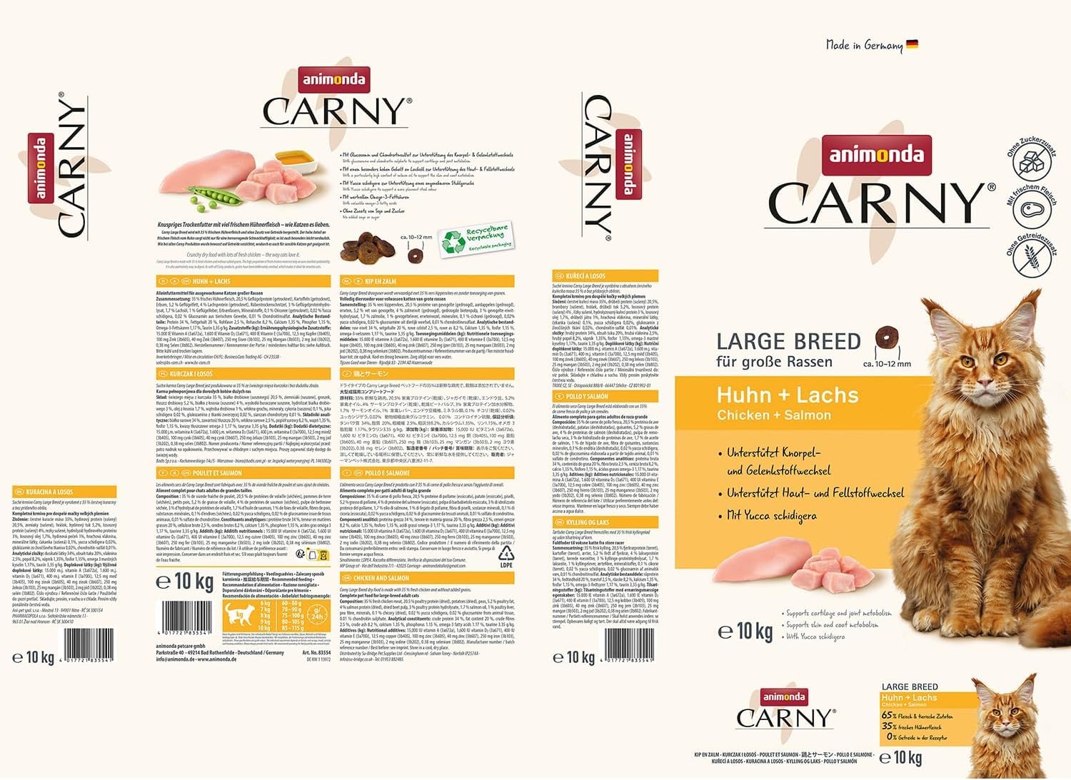 animonda Carny Alimento seco para Gatos Pollo + salmón (1 x 10 kg), Comida Seca para Grandes Razas de Gatos sin azúcar ni Cereales, croquetas Grandes con Mucha Carne de Pollo y Pescado
