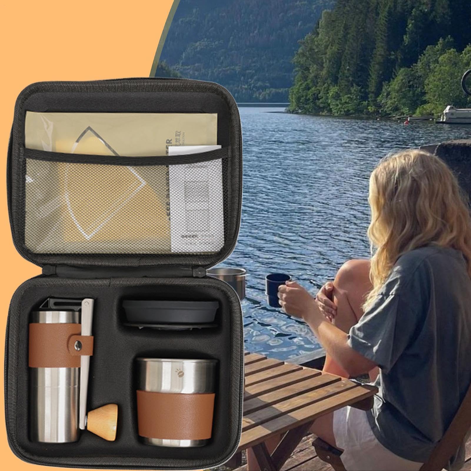 De Campamento - Kaffeewerkzeug-Set - Tragbares Transportzubehör-Set. Das multifunktionale Körner-Mahlmaschinenset enthält ein Doppellager