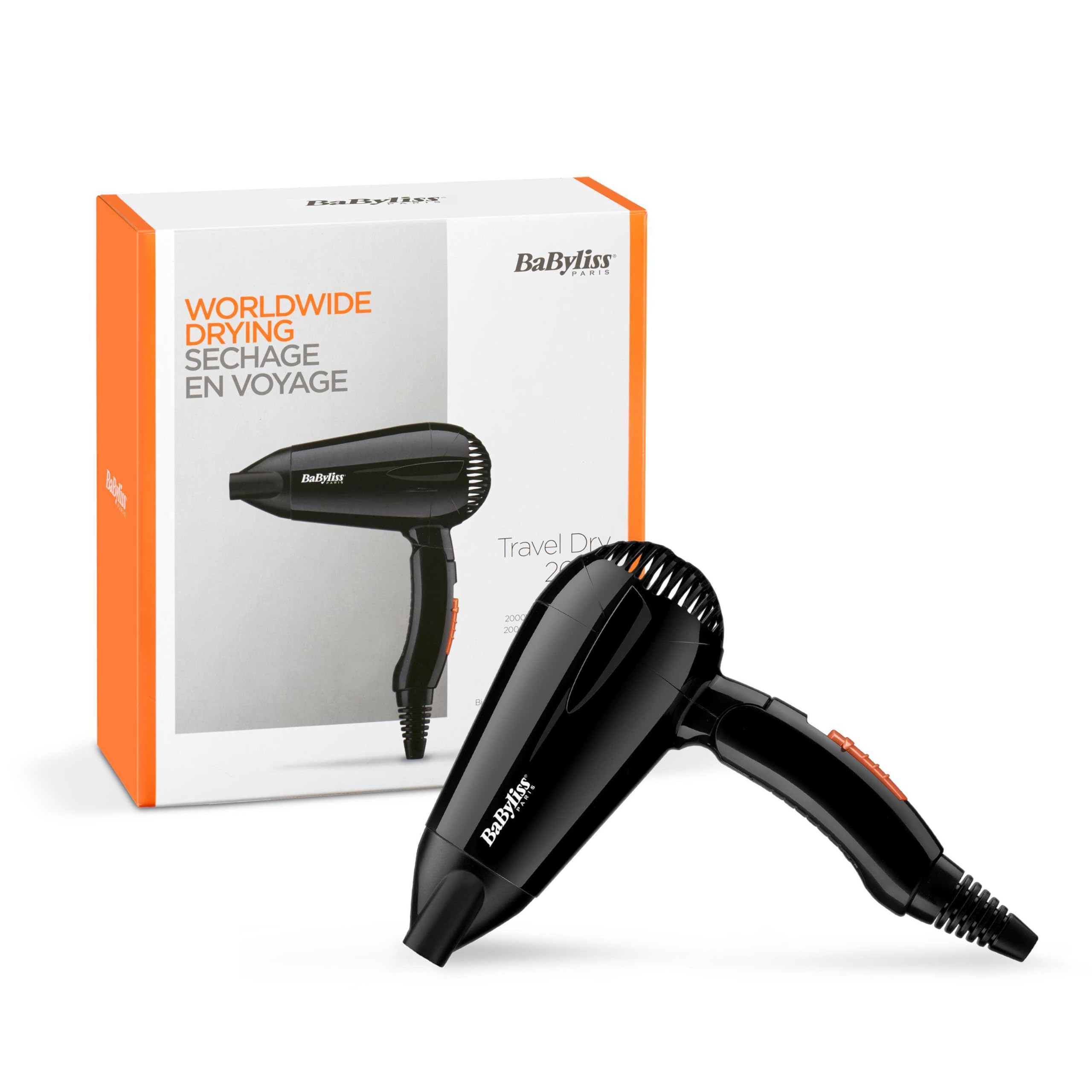 BaByliss Secador de Pelo de Viaje Plegable - 2000 W, Secador ligero y potente, Multivoltaje, Compacto, Uso mundial, 2 Ajustes de calor/velocidad, Negro/naranja, 5334E