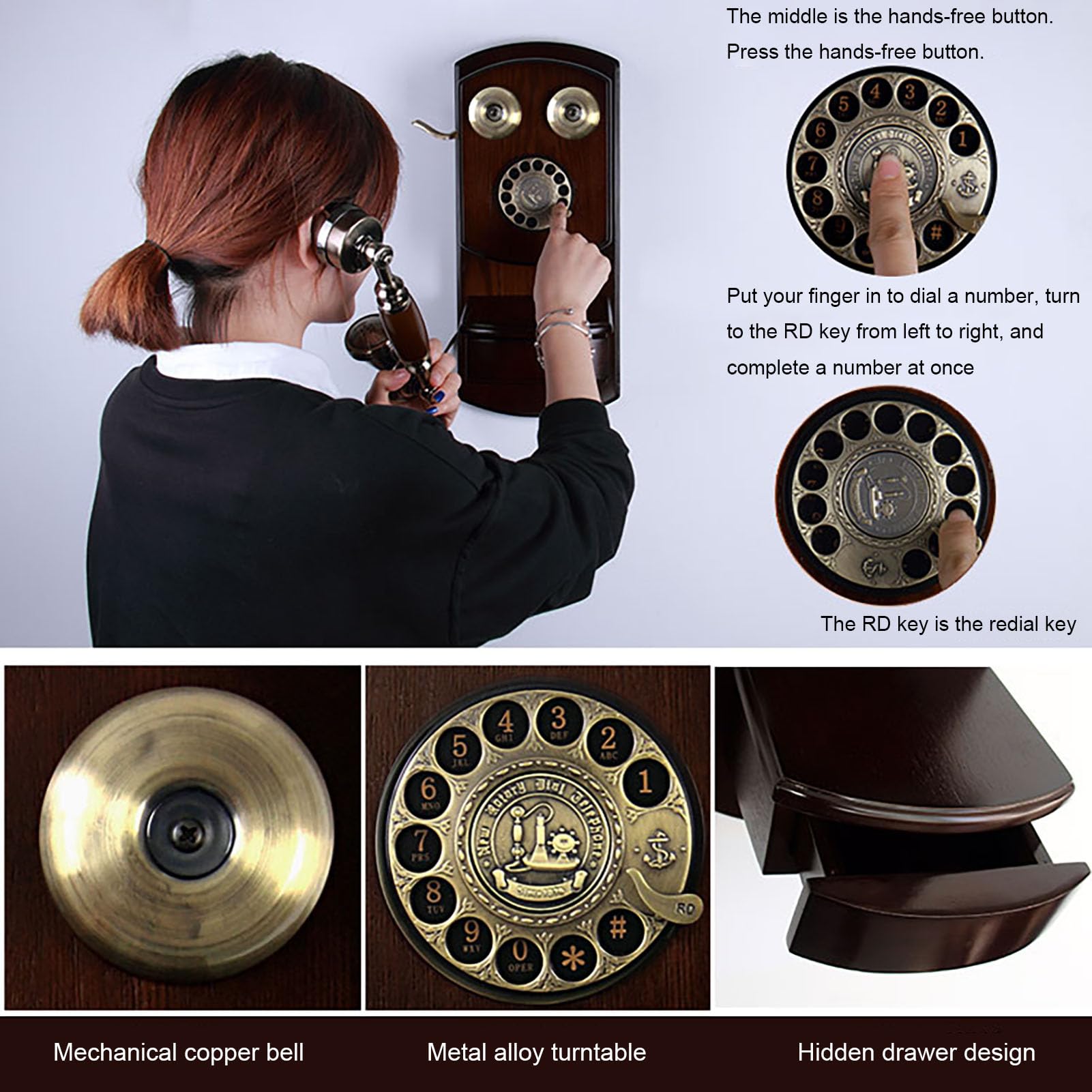 HJMMWT Retro telefon stacjonarny Vintage przewodowy ścienny lata 60. stara antyczna tarcza dla domowego biura Hotel prezent dla seniora