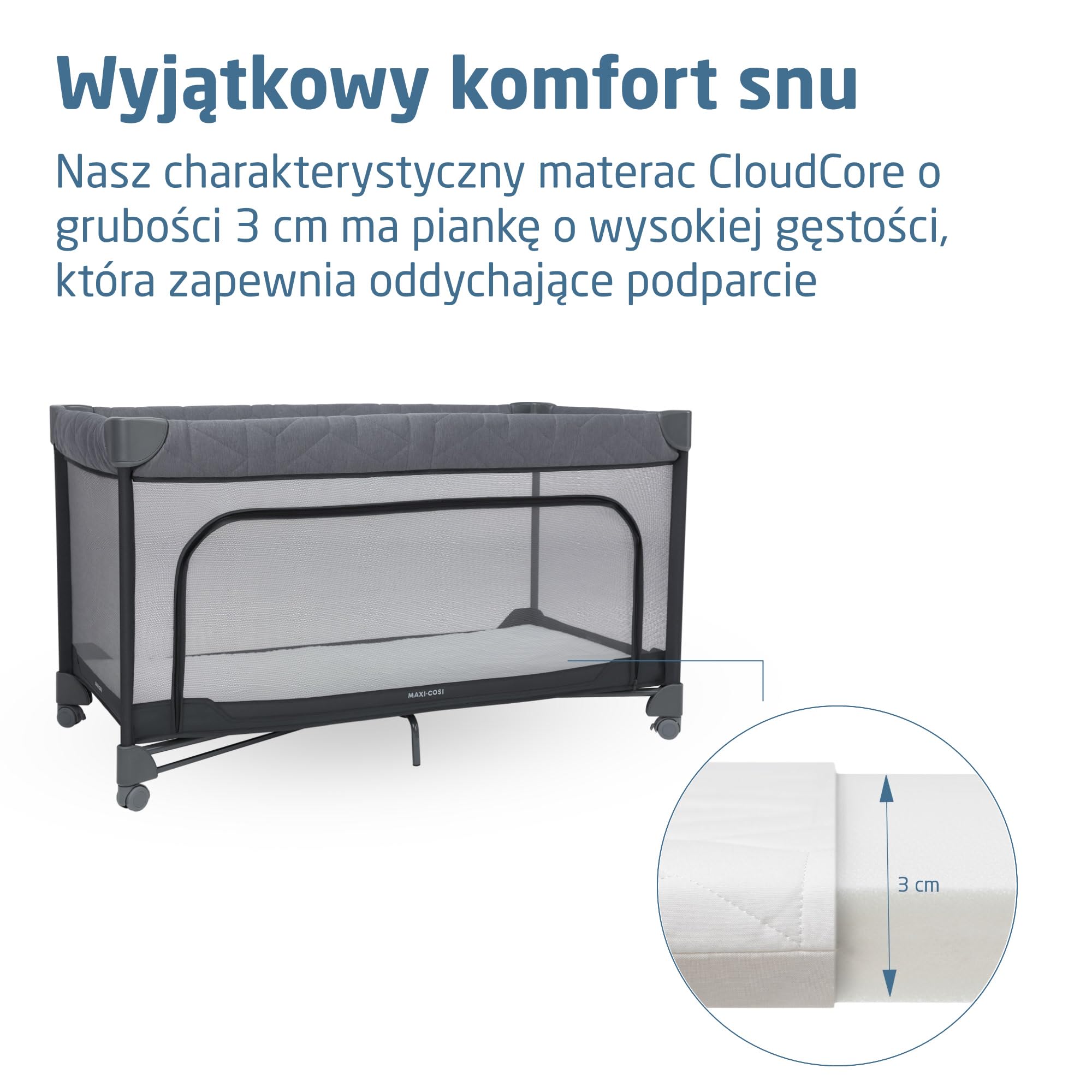 Maxi-Cosi Merlin, Łóżeczko Turystyczne & Plac Zabaw 2 w 1, 0–4 lat, do 18 kg, Łóżeczko Podróżne, Składa Się w 1 Sekundę, Materac CloudCore 120x60 cm, Boczne Wejście, 4 Kółka, Elegance Graphite