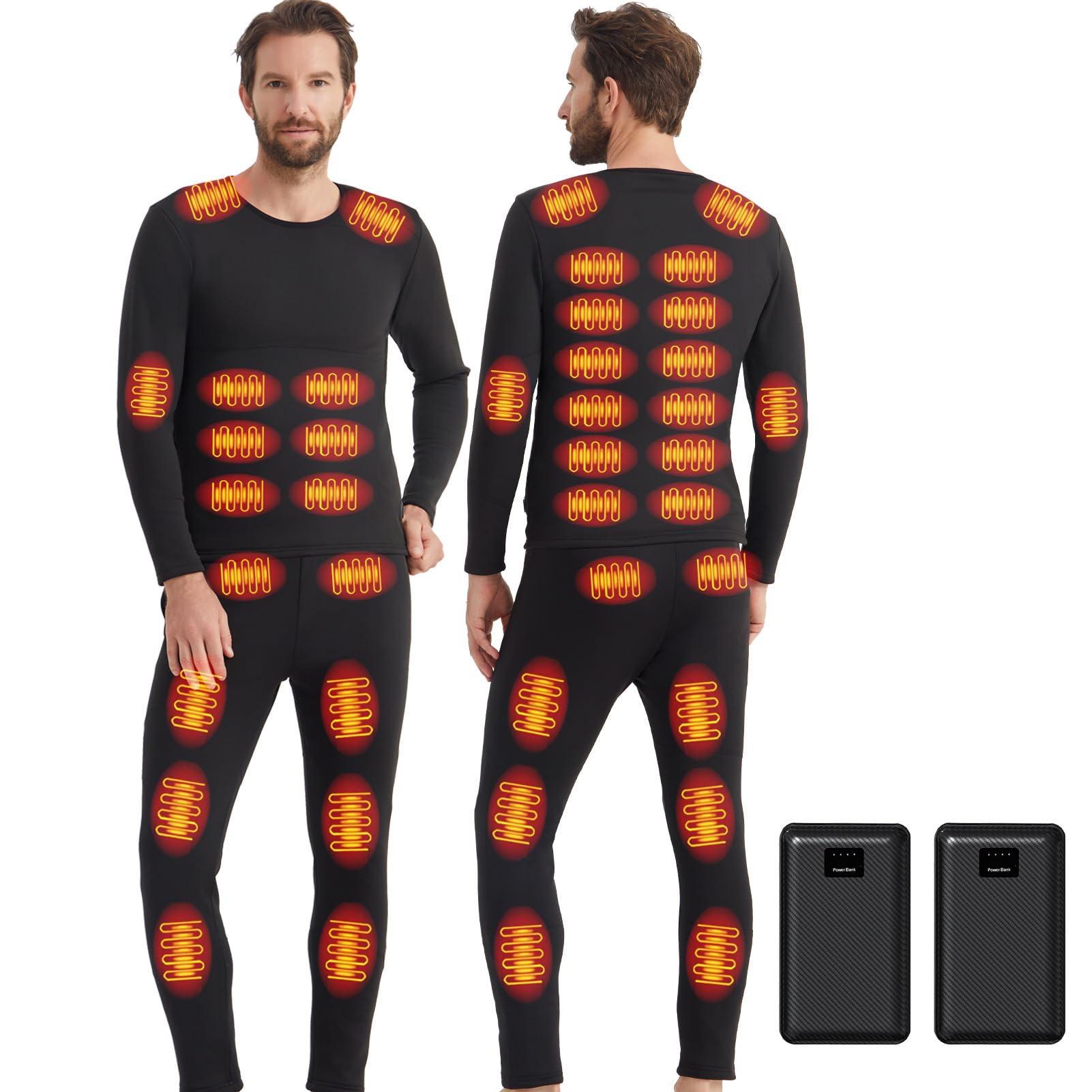 Heated Underwear Set with 2 Power Banks: 3 Heat Settings 42 Heating Zones Winter Men's Heated Trousers and Top for Motorcycle Hunting Ski Winter Camping-picture-14