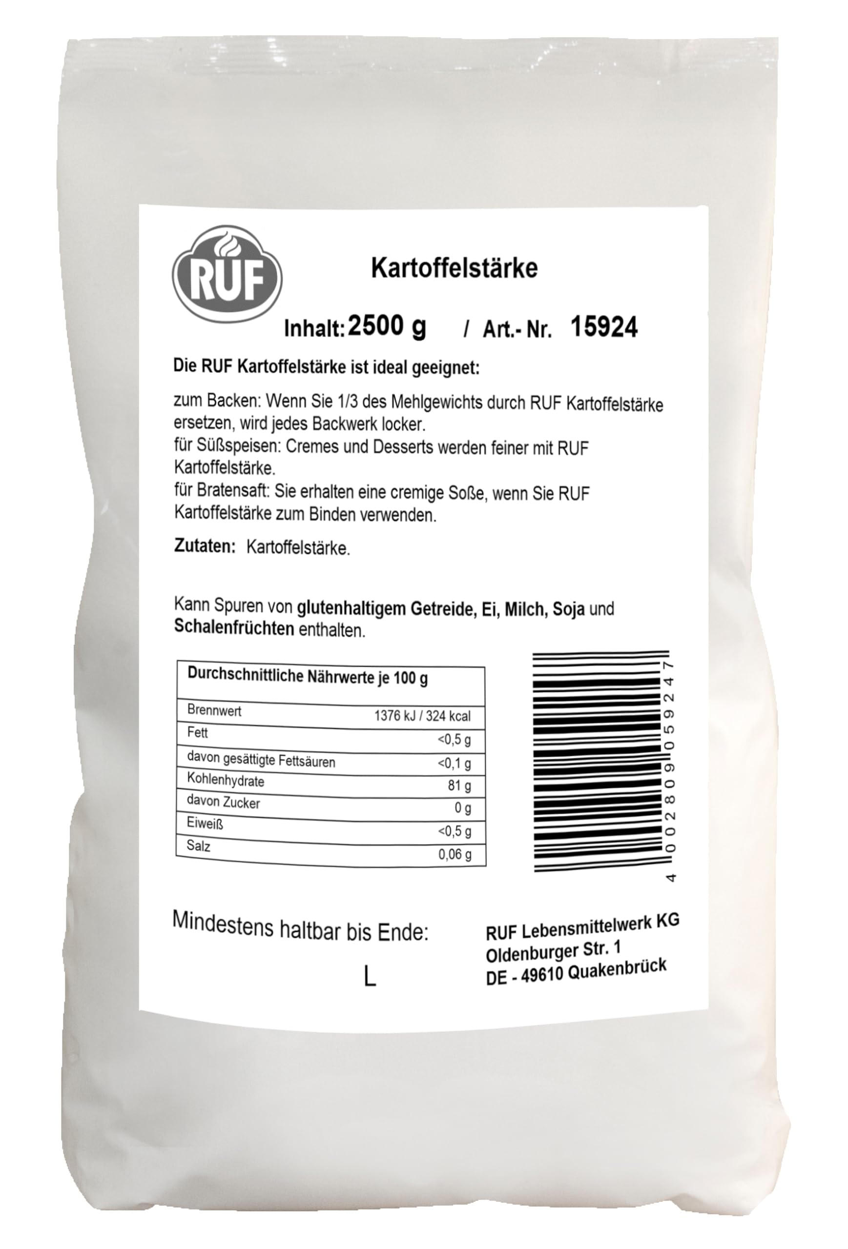 RUF Kartoffelstärke Großpackung, reines Kartoffelmehl zum Kochen & Backen, für Kartoffel-Klöße, Süßkartoffel-Pommes, Kartoffel-Brot, glutenfrei und vegan, 2,5kg Beutel