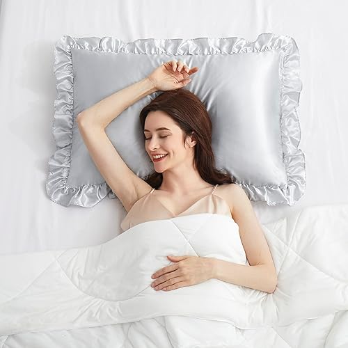 Miniatura 7 de HommxJF Juego de 2 fundas de almohada de satén sedoso con volantes para cabello y piel fundas de almohada de seda gris claro tamaño Queen con cierre