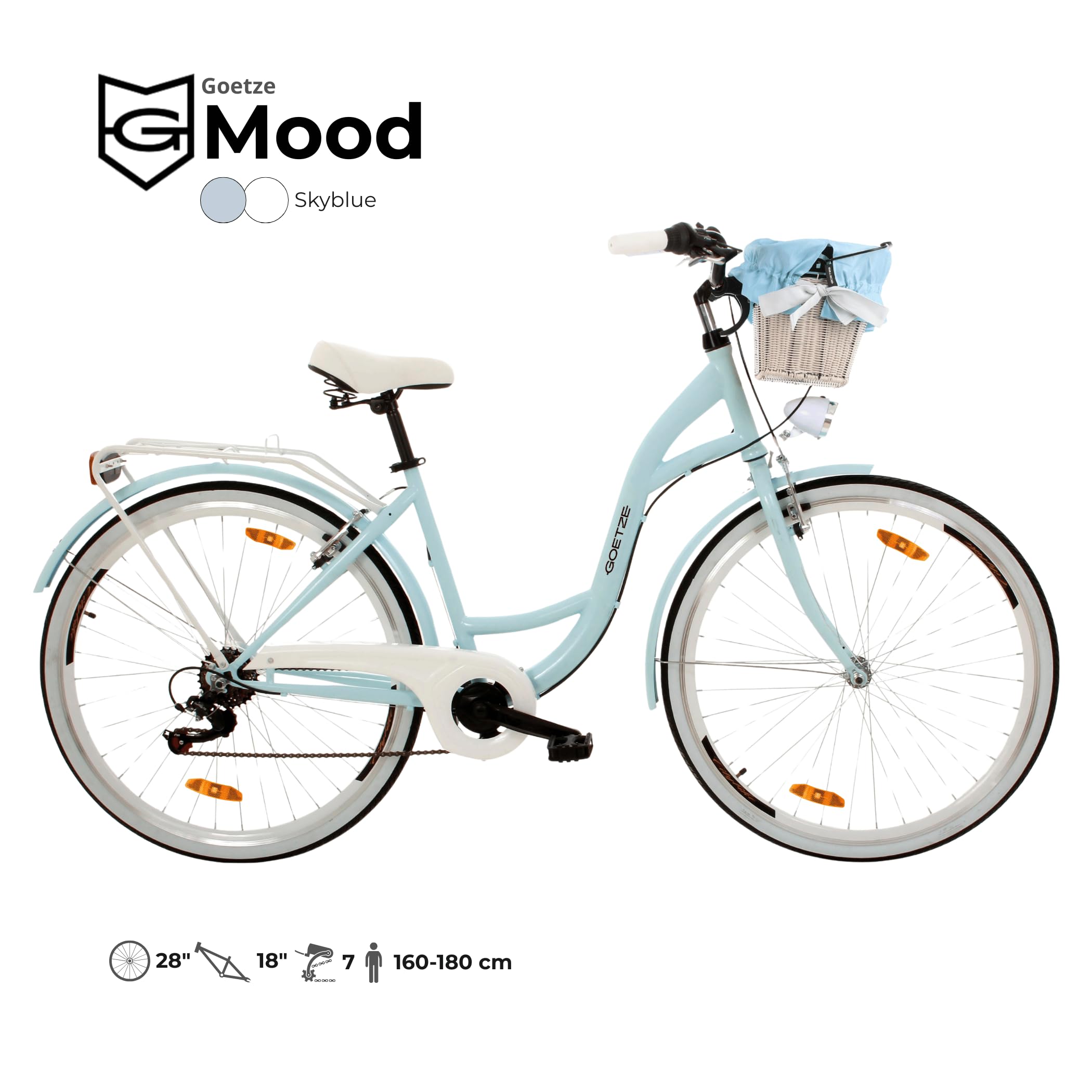 Goetze Mood Bicicleta de ciudad para mujer de 28 pulgadas, marco de 18 pulgadas, cambio de cadena de 7 marchas, freno en V delantero y trasero, iluminación LED, portaequipajes, sillín cómodo,