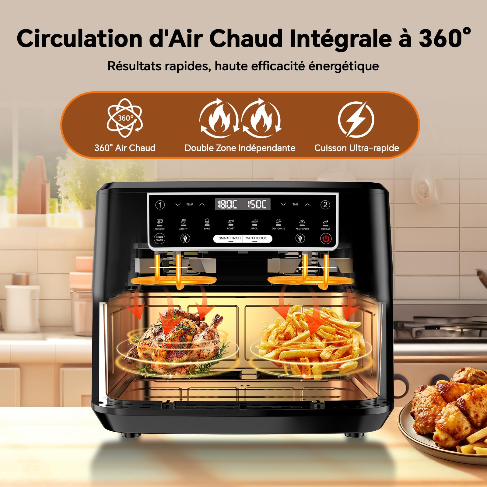 Air Fryer 12L | Friteuse à Air Chaud XXL Mode Flexible 1 ou 2 Zones, 2600W Double Chauffage Contrôle Indépendant Fenêtre et Éclairage, Friteuse sans Huile 2 Compartiments 8-en-1 Écran Tactile Recettes