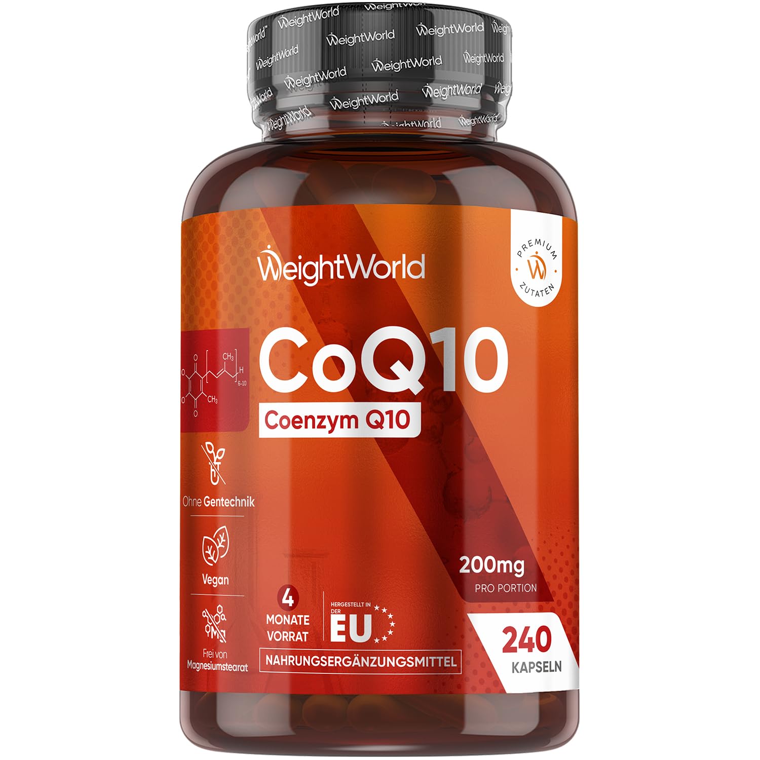 Coenzym Q10-200 mg pro Portion - 240 CoQ10 Kapseln - Aus Fermentation - Frei von Magnesiumstearat & Gentechnik - Q10 Coenzym (als Ubichinon) für Männer & Frauen - 4 Monate Vorrat - Von WeightWorld