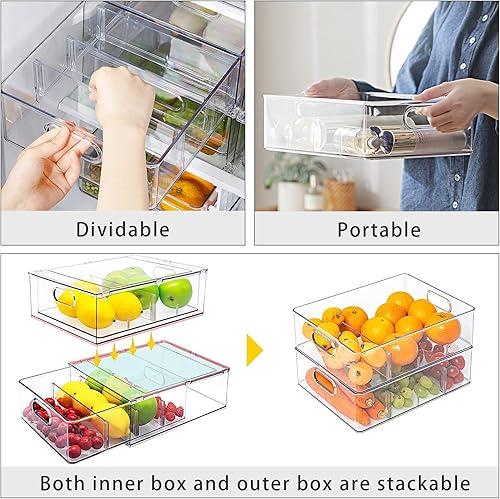Miniatura 5 de Mano Cajón de nevera extraíble con asa organizador de cajones de refrigerador transparente caja de almacenamiento de alimentos con divisores