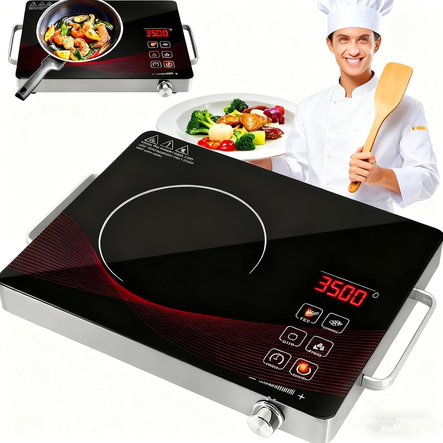 Viugreum Placa Vitrocerámica Portátil 3500W, Placas Cocina Vitroceramica con Enchufe y Solo Fogón, Temporizador, Panel Control Tactil, Mando Giratorio, 295x410x60mm, Compatible con Todas las Sartenes