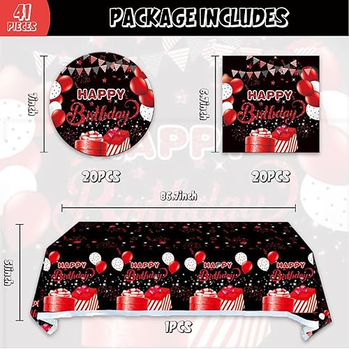 Miniatura 2 de 41 piezas de suministros de fiesta negros y rojos, incluye 20 platos, 20 servilletas y 1 mantel, usados para decoración de fiesta de cumpleaños