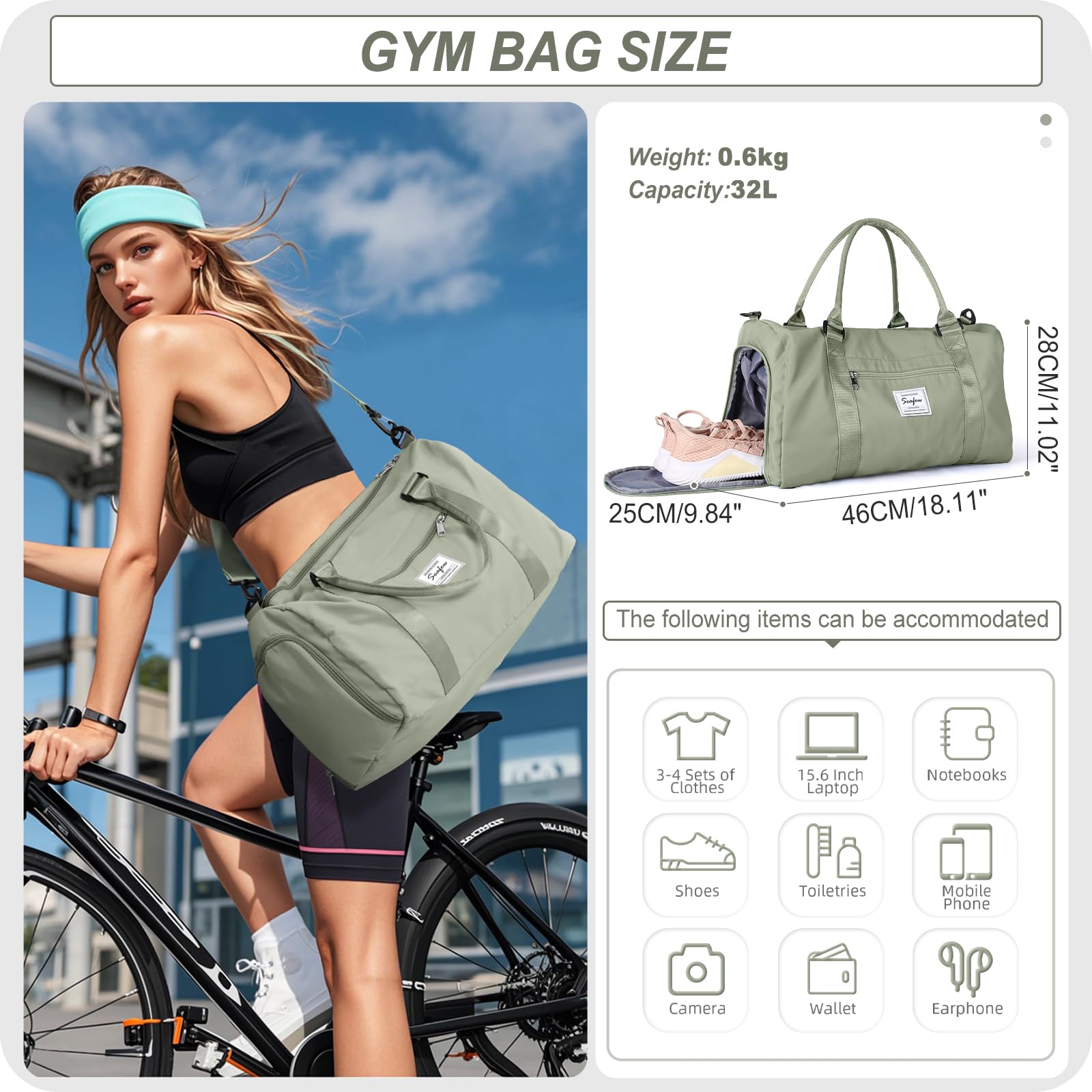 Sport Duffel Bag Damen Herren Sporttasche mit Schuhfach & Nassfach Reisetasche Handgepäck Tasche Sporttaschen Fitness Gym Bag Weekender Travel Bag Schwimmtasche Trainingstasche,A9-Graugrün