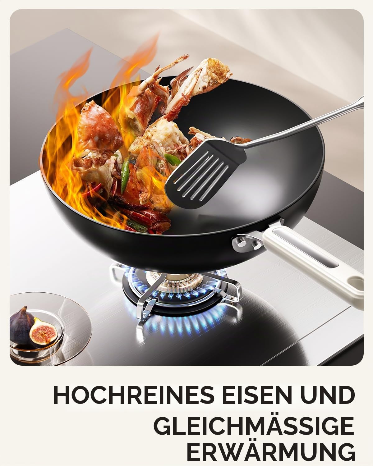 Karbonstahl Woks & Wokpfannen 30 cm, vorgebrannt, flacher Boden, Wokpfanne induktion mit Deckel, leichtes Kochgeschirr für alle Herdplatten, Wok pfanne für Gas und Elektro, Wok induktion