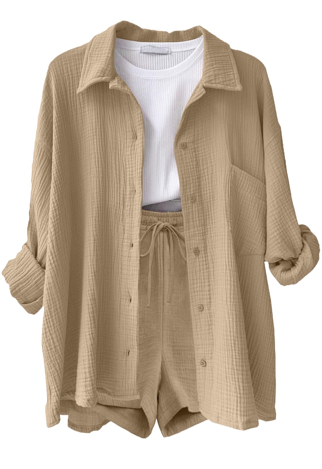 Ensemble Femme Short et Chemise en Lin Chic et Elegant Chemise Manches Longues et Shorts 2 Pièces Ensemble Court d'été Décontracté été Loungewear 2 Pièces Survêtement en Mousseline Streetwear