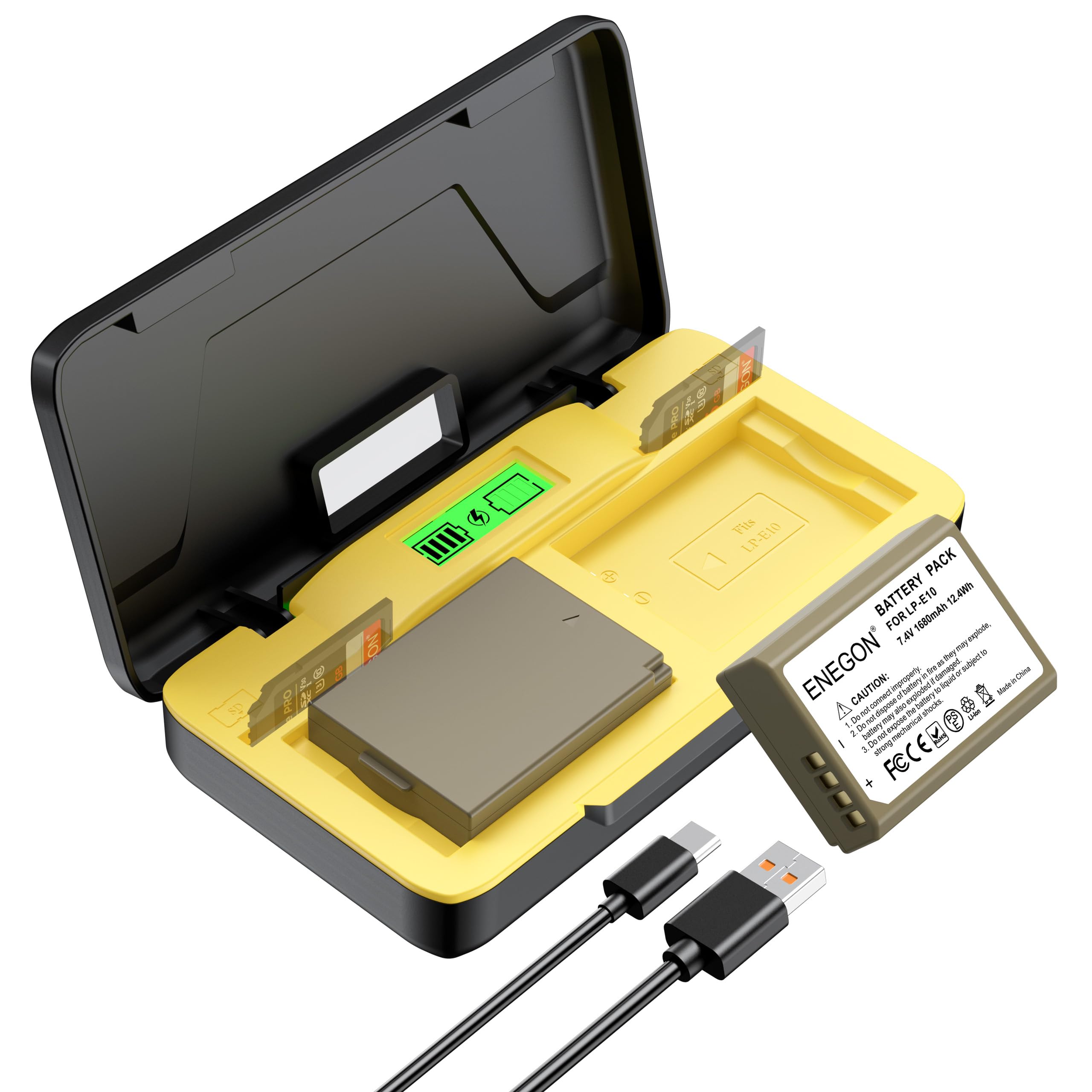 ENEGON Cargador LP-E10 con 2 baterías de 1680mAh, Carga rápida de 20W, Estuche con Ranura para Tarjeta SD, Compatible con Canon EOS 1100D, 1200D, 1300D, 2000D, 3000D, 4000D cámaras