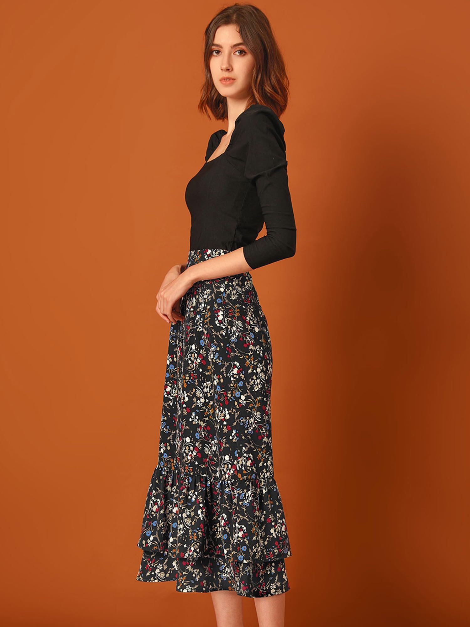 Allegra K Damen A Linie Chiffon Ruffle Blumen Maxirock Rock