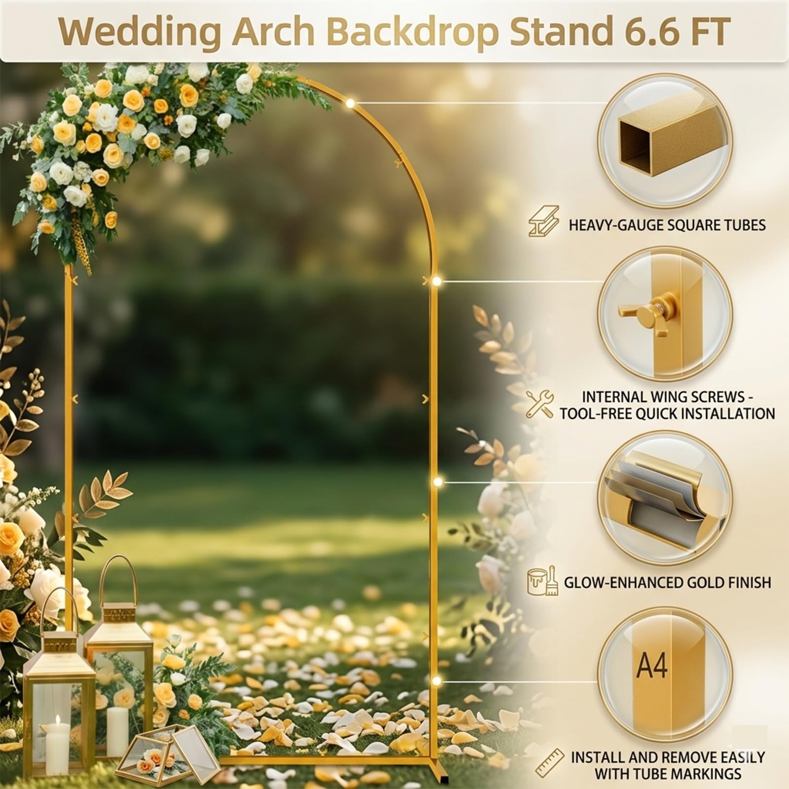 2m Support pour Arche de Mariage, Arche métallique dorée avec Sac de Rangement pour cérémonie de Mariage,fête d'anniversaire,photobooth,décoration d'arceaux Floraux et de Ballons(1 x 2 m(L x H))