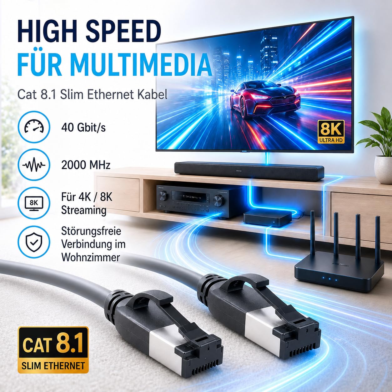 1aTTack.de 1m Cat 8.1 Lan Kabel Netzwerkkabel (10 Stück) Cat 8 Ethernet Kabel mit RJ45 Stecker Slim und dünn mit 40 Gbps Übertragungsrate Schwarz 1.0 Meter