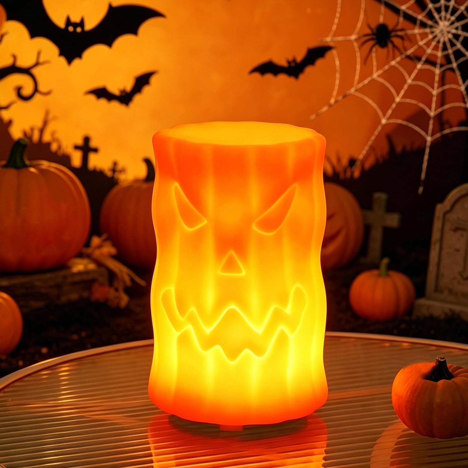 AVEKI Halloween Pumpkin Night Light, Warm Light LED Table Lamp for Bedroom, USB Rechargeable Spooky Face Column Light, Halloween Decorations for Party, Home, Children's Room