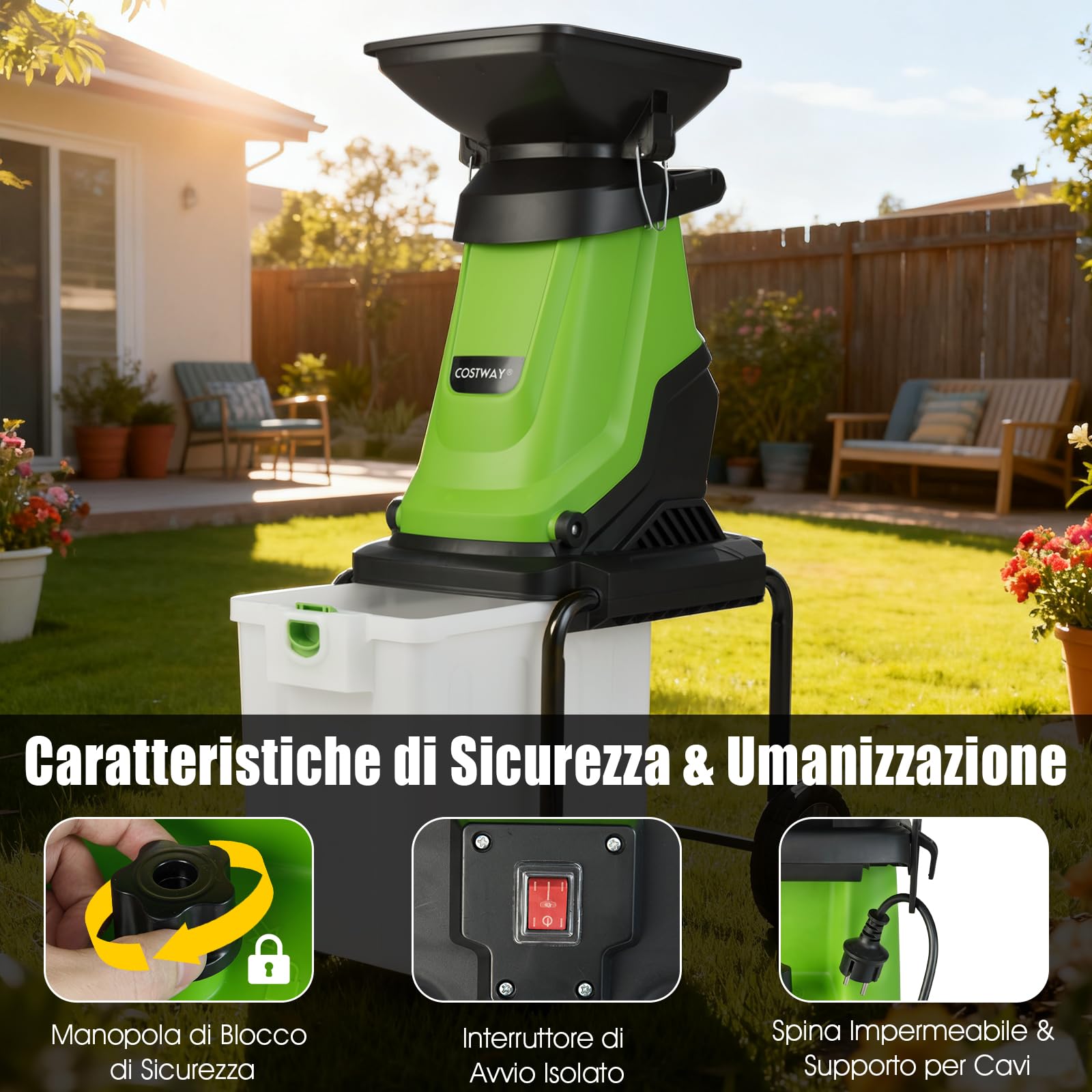 COSTWAY 3000 W Biotrituratore Elettrico per Rami, Trituratore da Giardino con Cestino da 50 L, Diametro di Taglio 45 mm, Tramoggia di Alimentazione e Ruote (Verde)