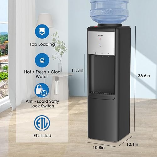 Miniatura 6 de VECYS Dispensador de enfriador de agua de carga superior caliente y fría, 3 o 5 galones con bloqueo de seguridad para niños, compresor de