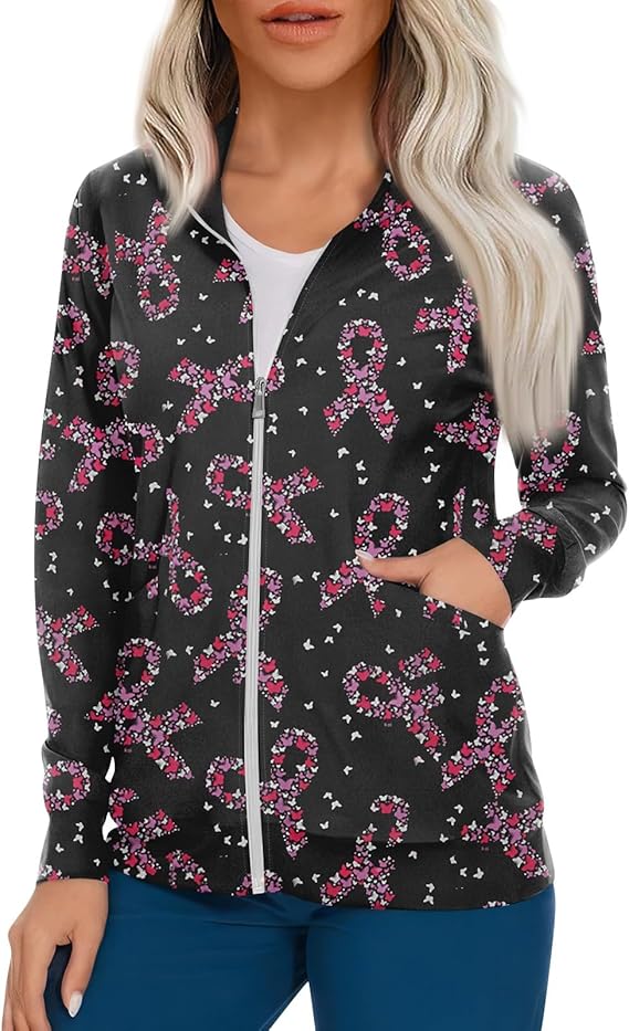 Scrub Jackets for Woman Zip Up Long Sleeve Tops Print Plus Size Womens Scrubs for Women Nursing Shirts with Pockets
