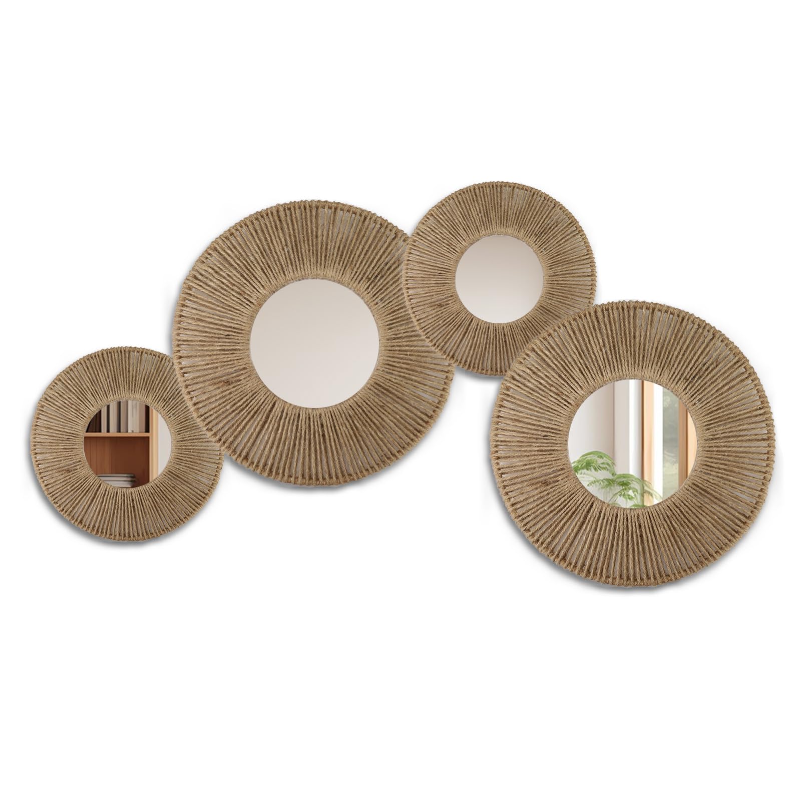 4Pack Handwoven Hemp Rope Boho Basket Wall Decor - 2-Size Hanging Woven Wall Art with Round Acrylic Mirror, Retro & Versatile Home Decor for Bedroom, Living Room, Entryway & More (Light Beige)