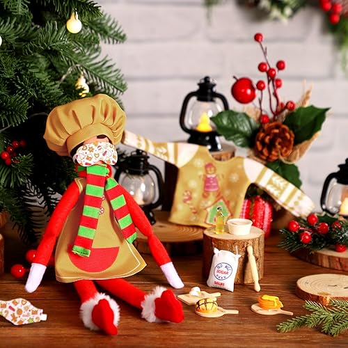 Miniatura 2 de 12 piezas de saco de dormir elfo muñeca temática de hornear accesorios de Navidad incluye muñeca de Navidad, saco de dormir, albornoz, delantal,