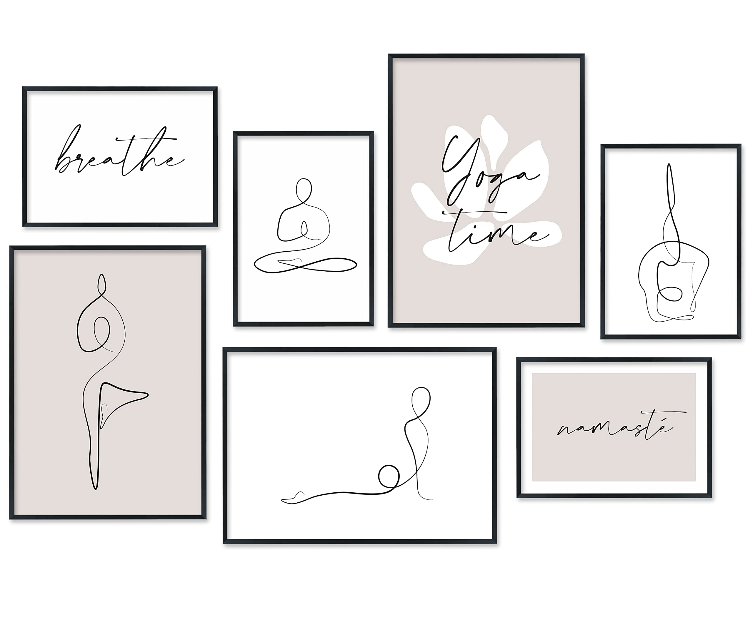 Hyggelig Home Premium Poster Set - 7 Yoga Bilder mit Übungen Asanas modern - Set Namaste - mit Rahmen schwarz