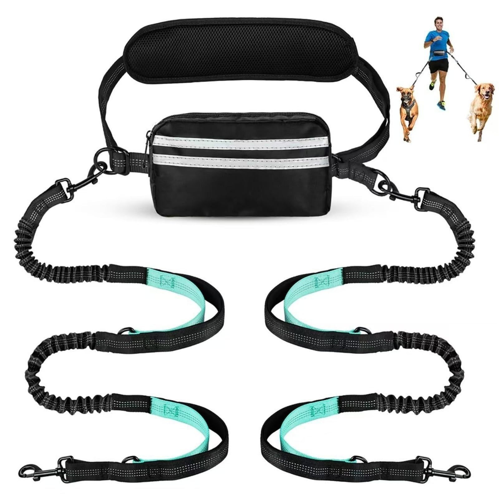Laisse Mains Libres pour Chien avec Ceinture, Laisse Élastique À Poignée Simple Ou Double avec Pochette pour Promener(Blue,Double)