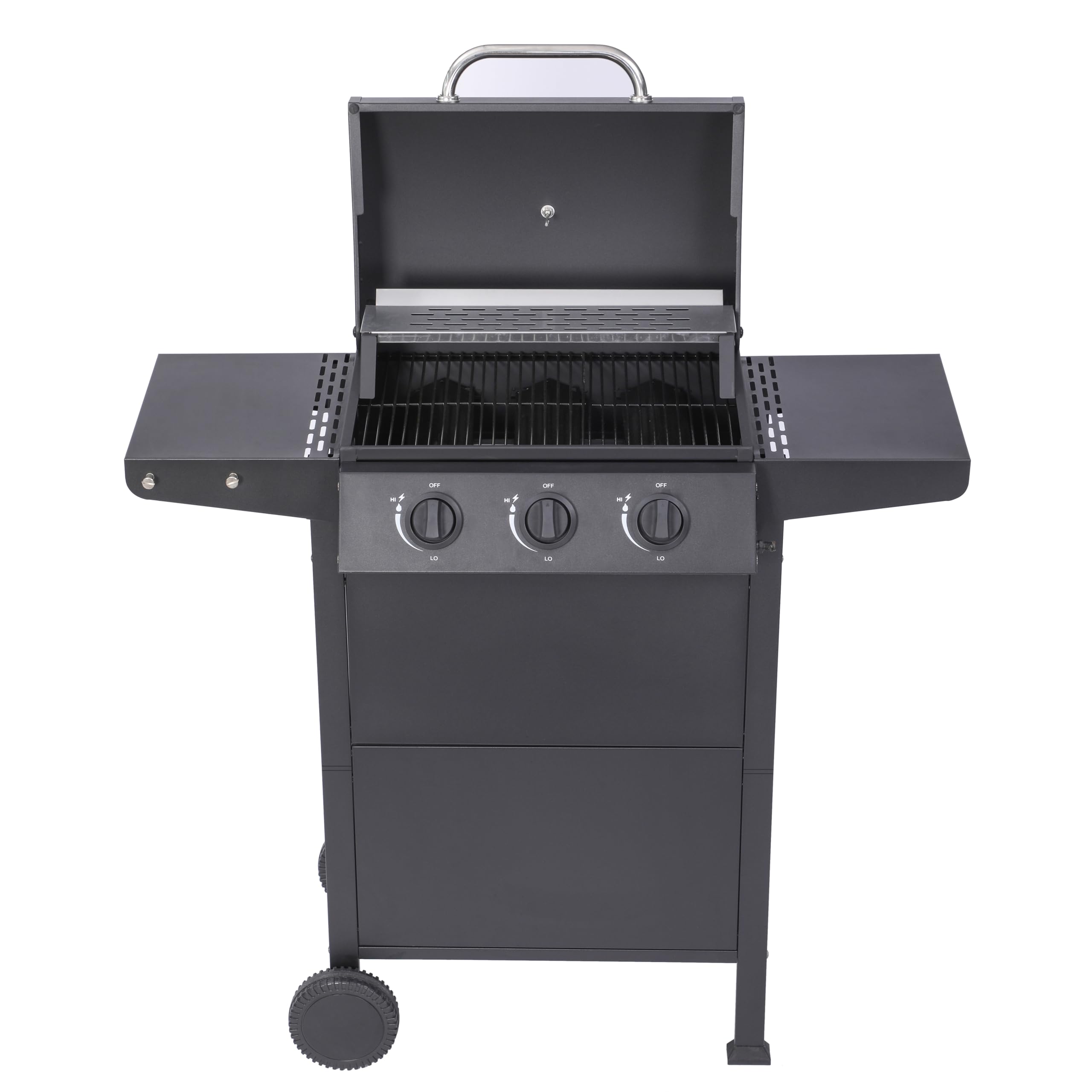 BBQ Kingdom 3-Burner Gas BBQ Grill with Wheels, Steel, Warming Rack, Removable Grease Tray, Includes Regulator and Waterproof Cover, Utensil Hooks,104 cm Wide