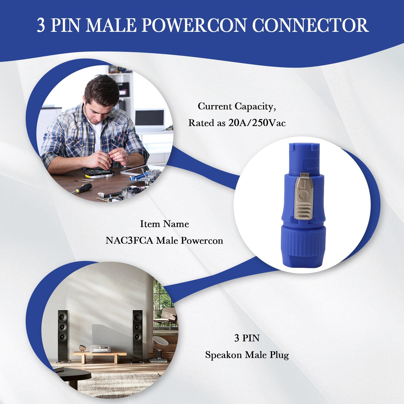 20 Pièces Connecteur Powercon NAC3FCA NAC3FCB Prise Haut-Parleur 20A 250V AC Connecteur de Prise D'Alimentation Bleu et Gris Blanc