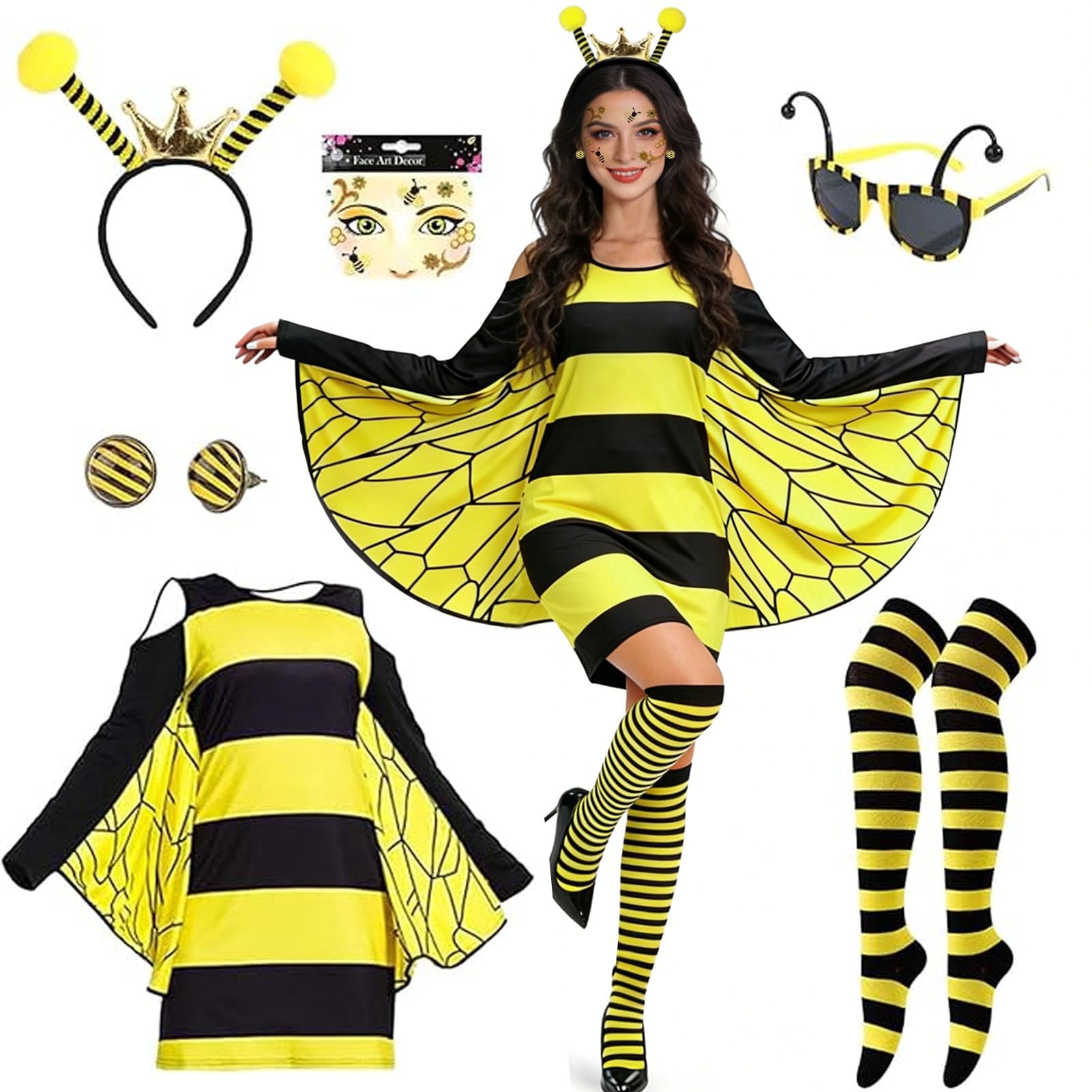 Disfraz de Abeja para Mujer 6 Piezas, Disfraz de Carnaval para Adulto con Anteojos, Medias Hasta La Rodilla, Diadema, Etiqueta Engomada y Pendientes para Fiesta de Carnaval & Cosplay