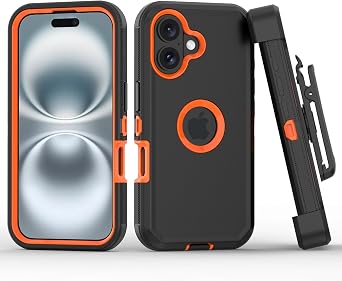 Compatible with iPhone 16 Case, with Belt Clip Holster Heavy Duty Rugged Shockproof Full Body Protection Kickstand Cover for iPhone 16 6.1 inch Phone Black+Orange
